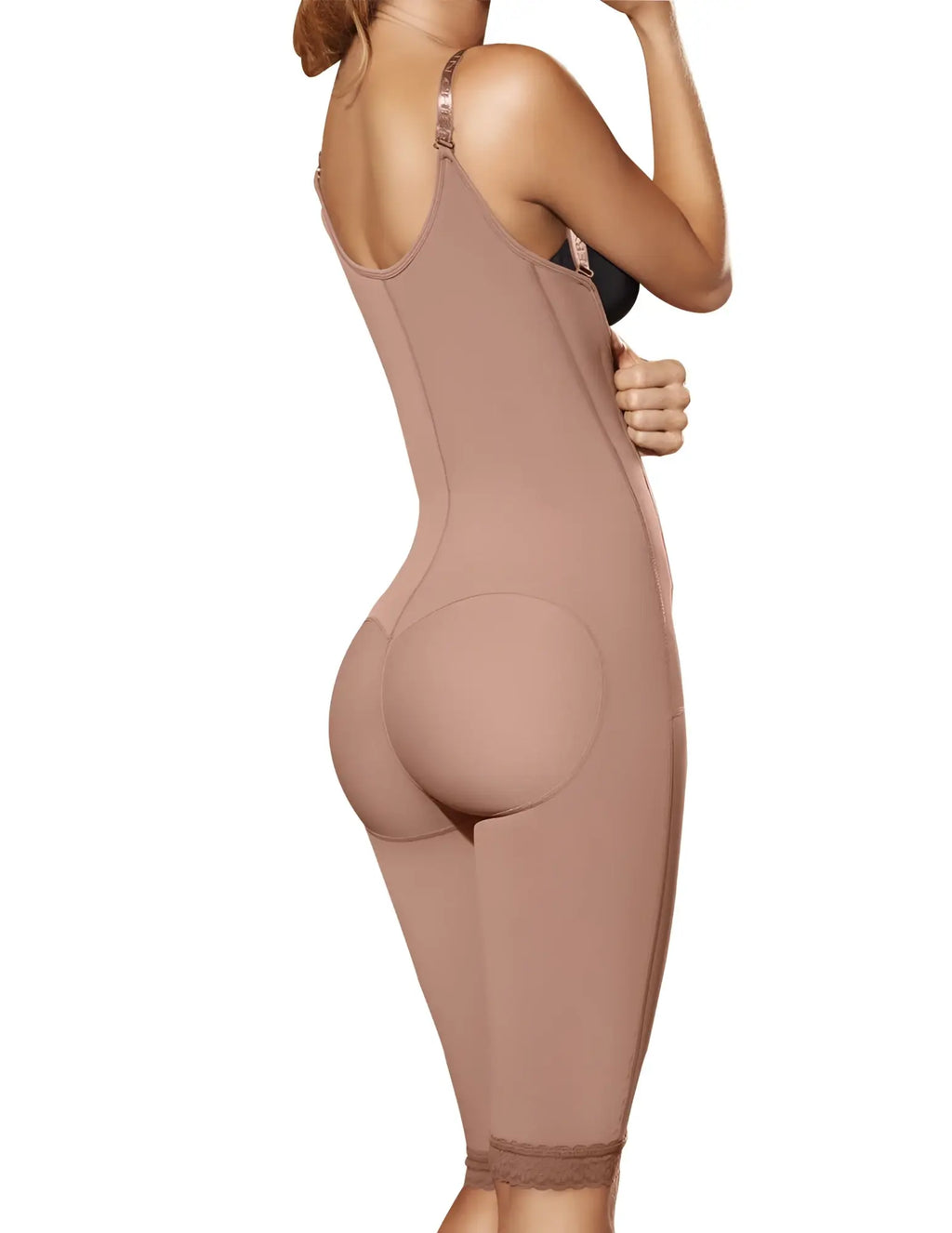 Beige ann chery 5121 powernet briggite shapewear showing padded back and lace trim at hem in brown color
