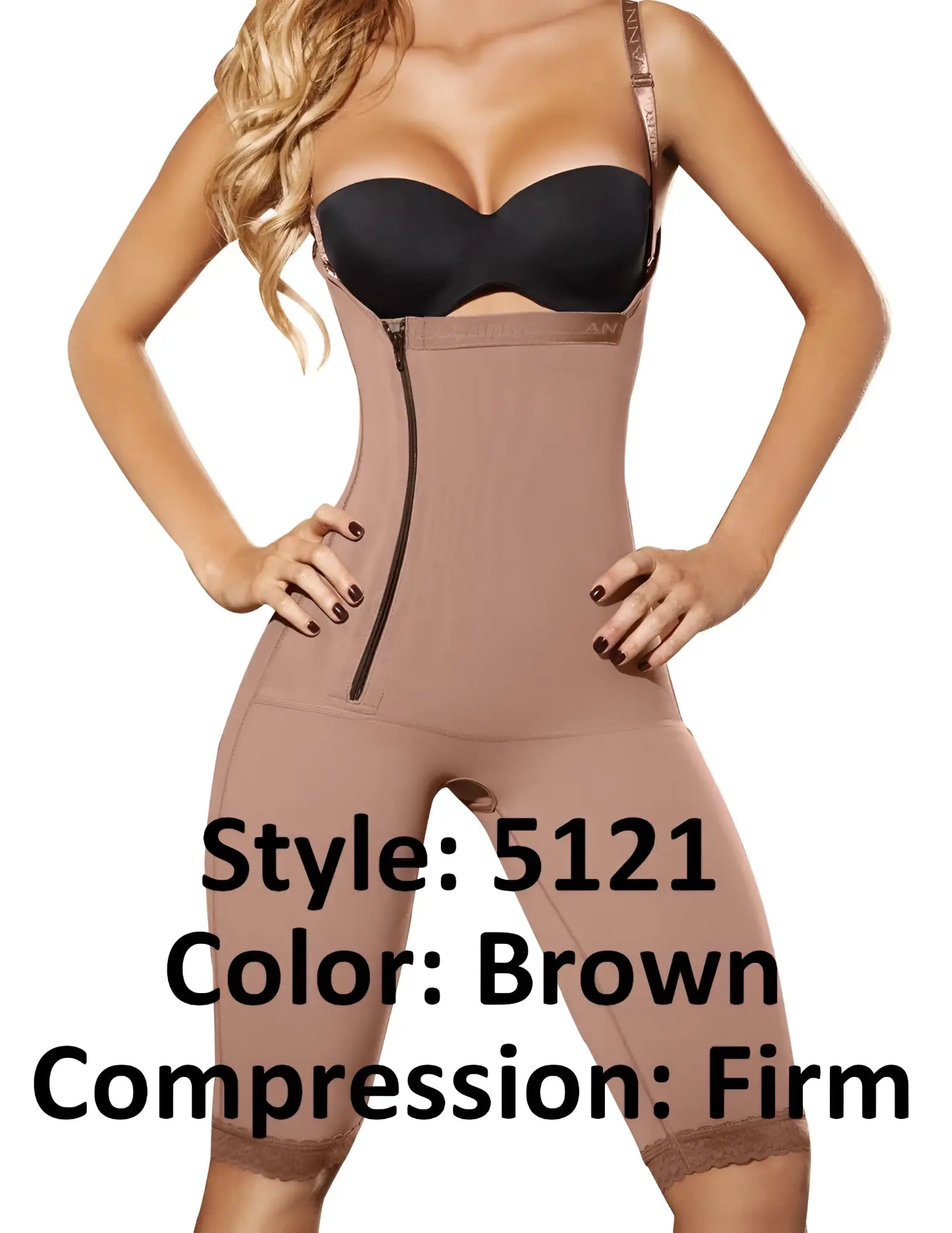 Ann Chery 5121 powernet briggite brown firm compression bodysuit with front zipper and lace trim at the hem