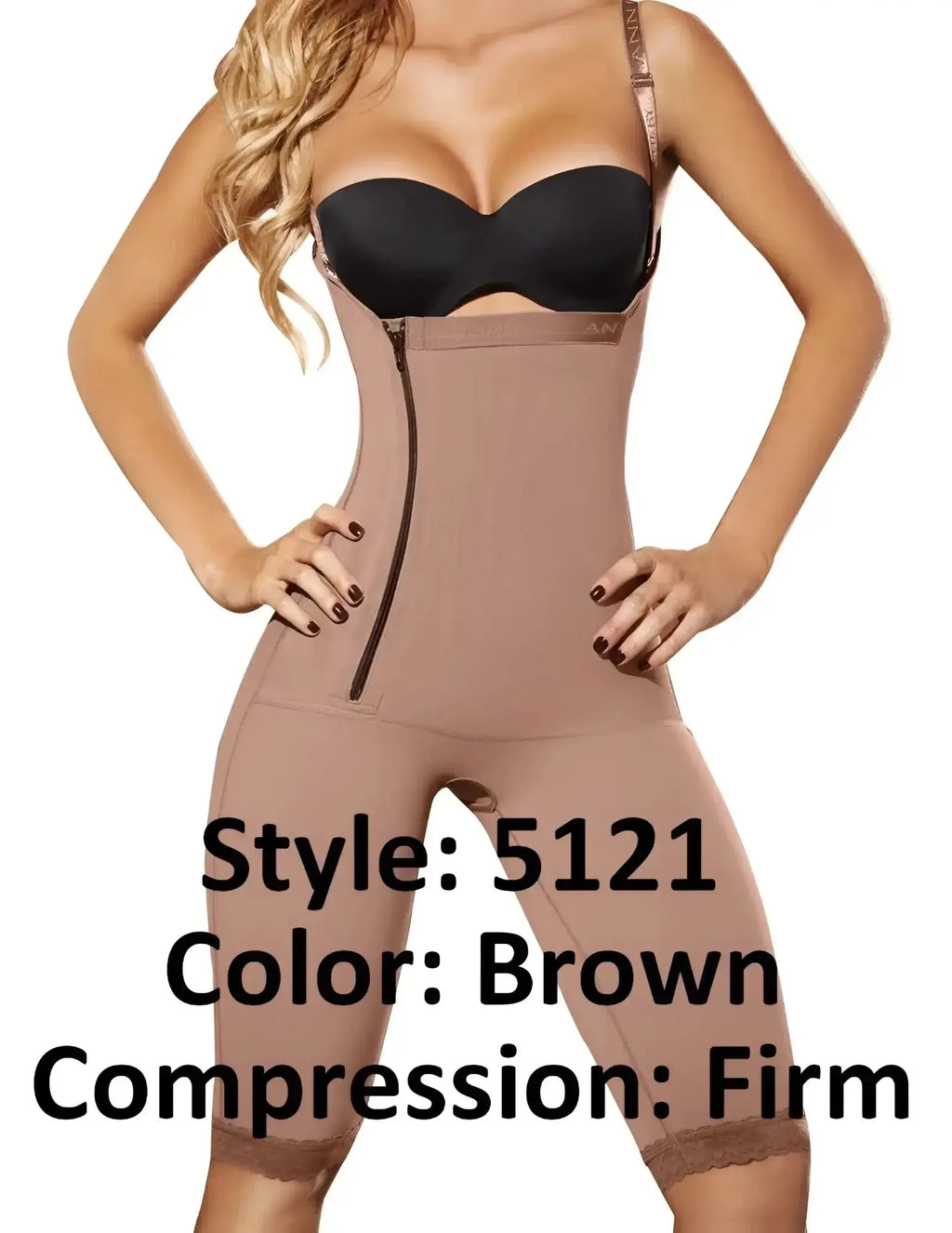 Ann Chery 5121 powernet briggite brown firm compression bodysuit with front zipper and lace trim at the hem