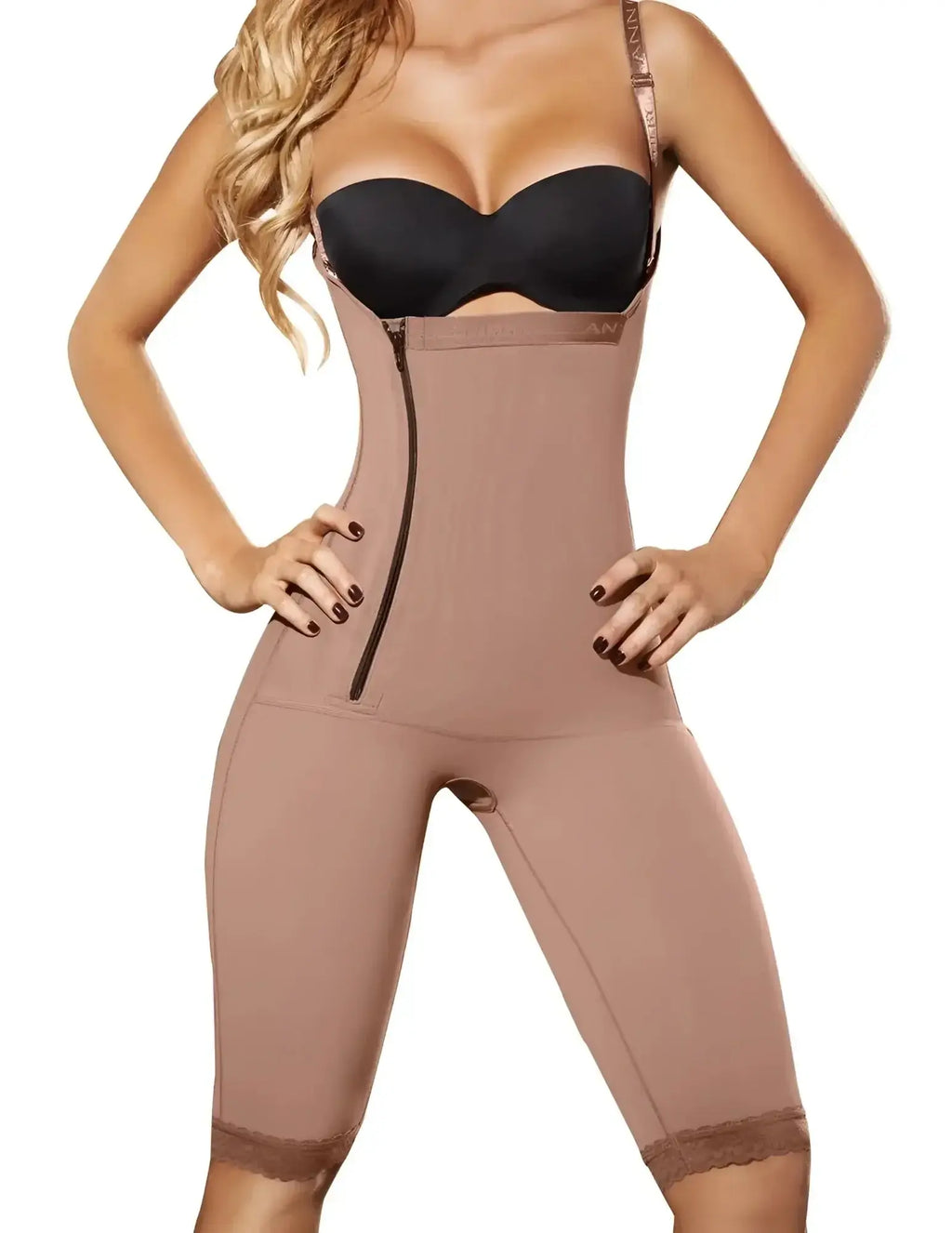 Beige Ann Chery 5121 Powernet Briggite shapewear corset with lace trim and front zipper in brown color