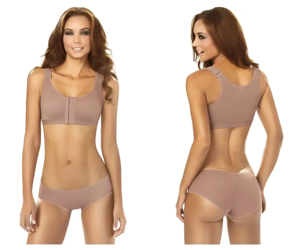 Beige seamless underwire Ann Chery 5130 post-surgery bra with adjustable straps and matching high-waisted briefs