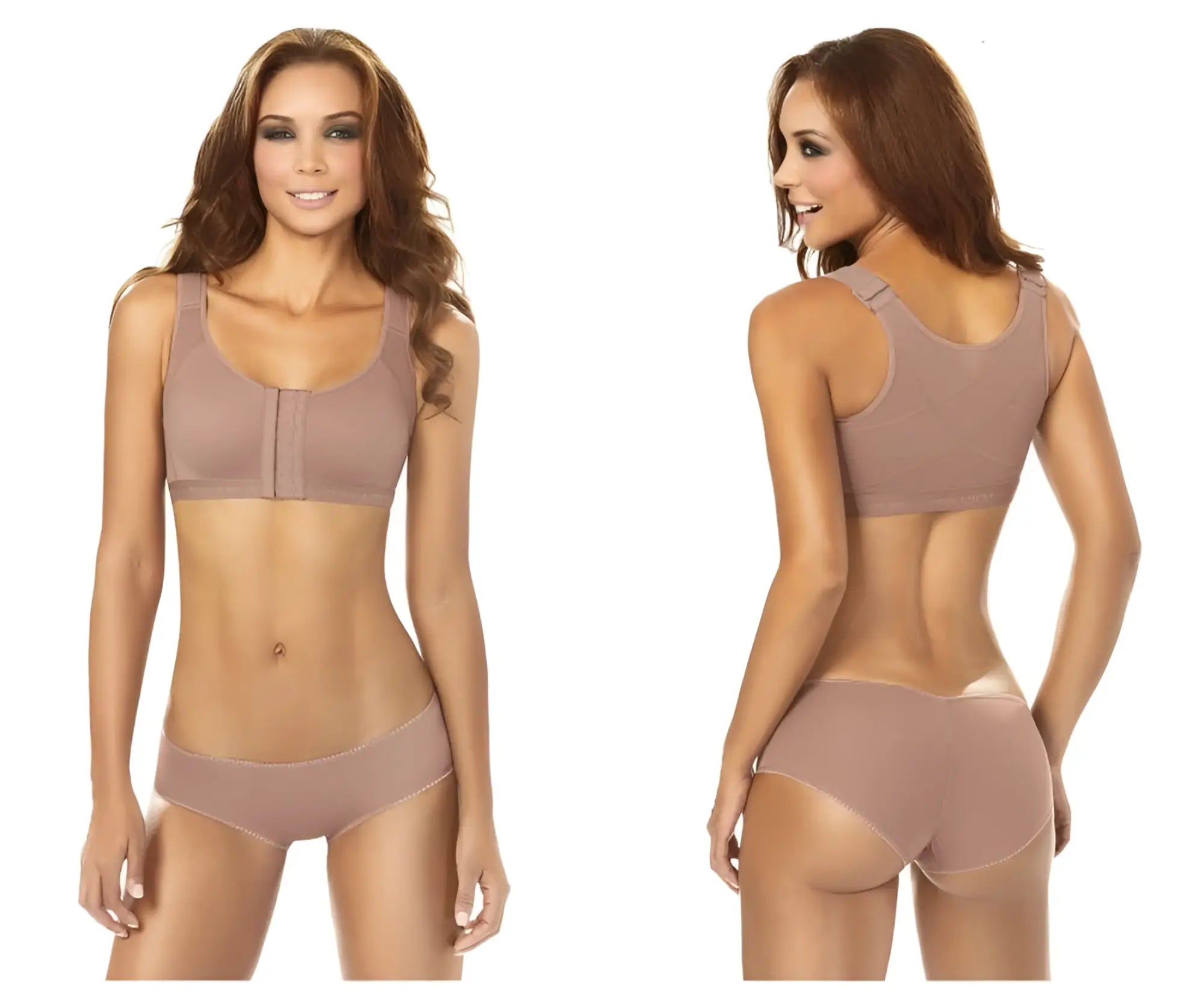 Beige seamless underwire Ann Chery 5130 post-surgery bra with adjustable straps and matching high-waisted briefs