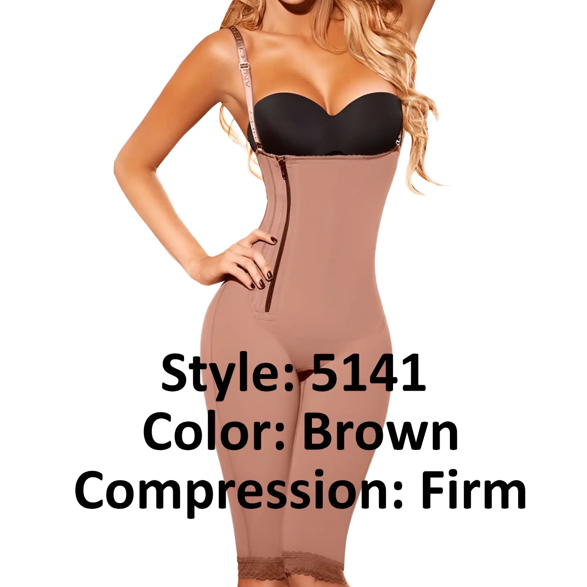 Ann Chery 5141 powernet luna shapewear brown firm compression body shaper with lace trim and front zipper