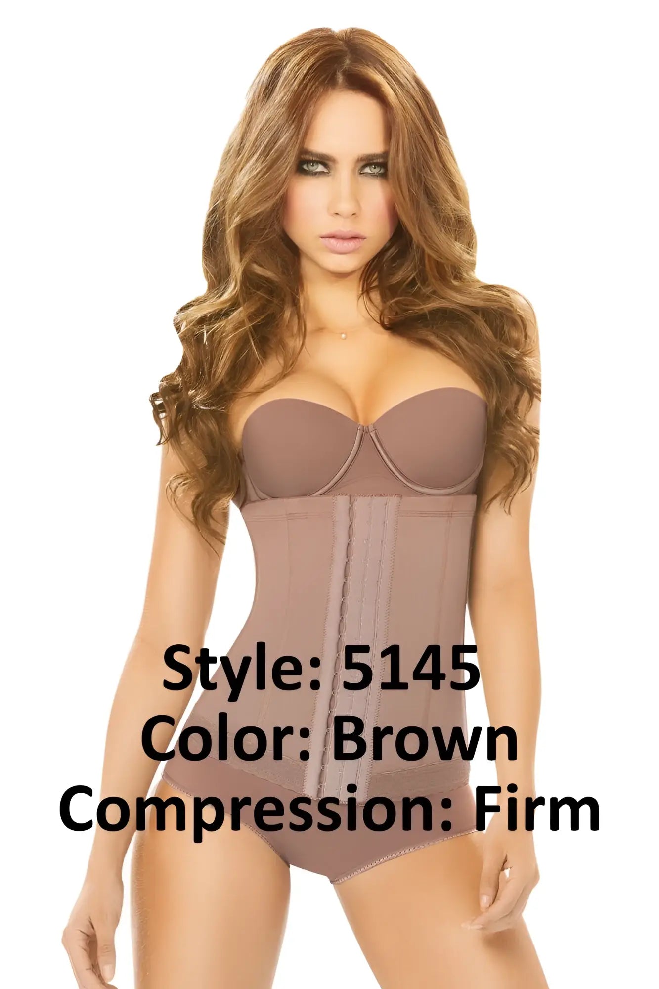 Brown ann chery 5145 powernet strapless sweetheart compression bodysuit with vertical seam detailing
