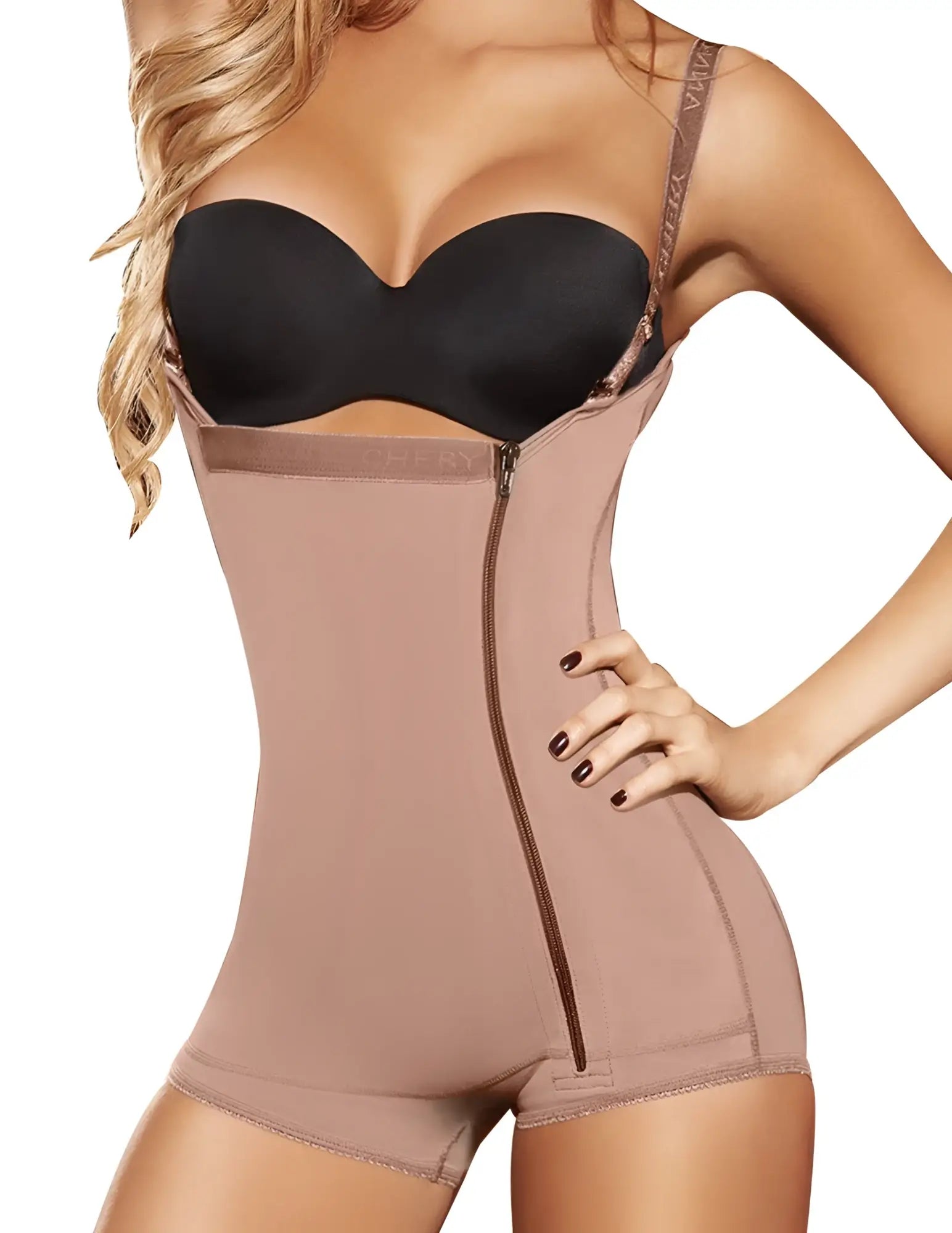 Beige ann chery 5146 powernet mara shapewear waist trainer with front zipper and adjustable straps in brown