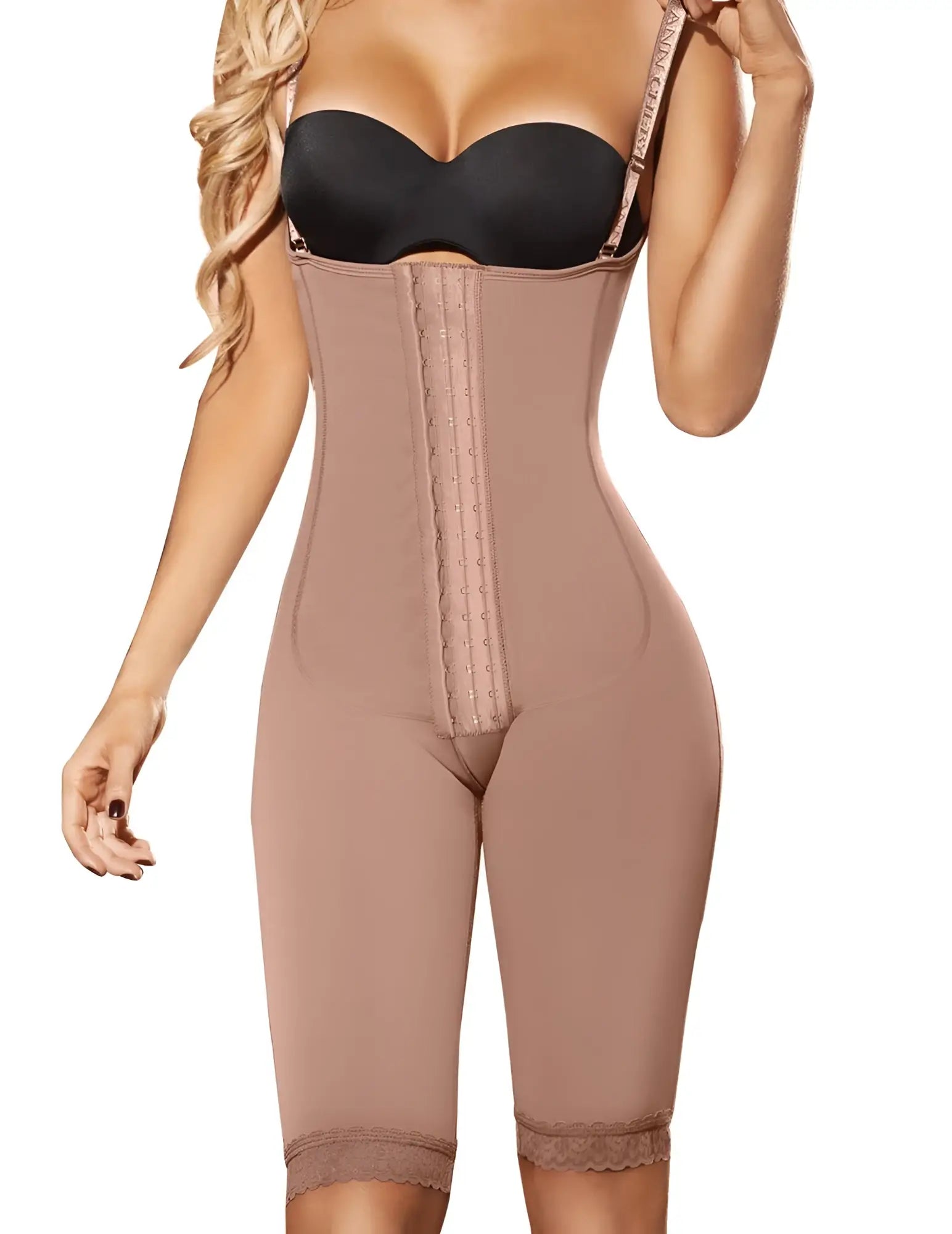 Beige ann chery 5147 powernet isabella brown shapewear bodysuit with lace trim and adjustable straps