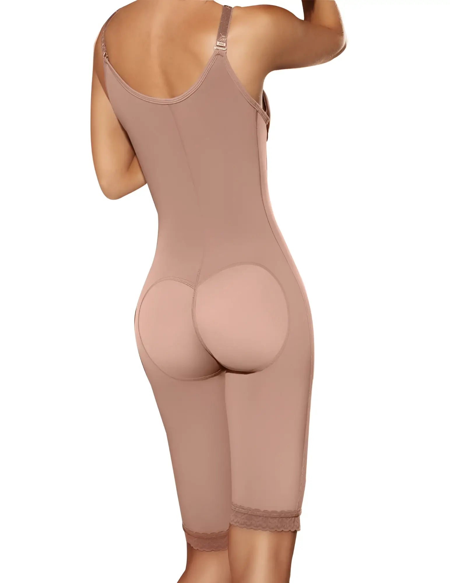 Beige flesh-toned ann chery 5147 powernet isabella shapewear bodysuit with padded buttocks and lace trim at the hem back view