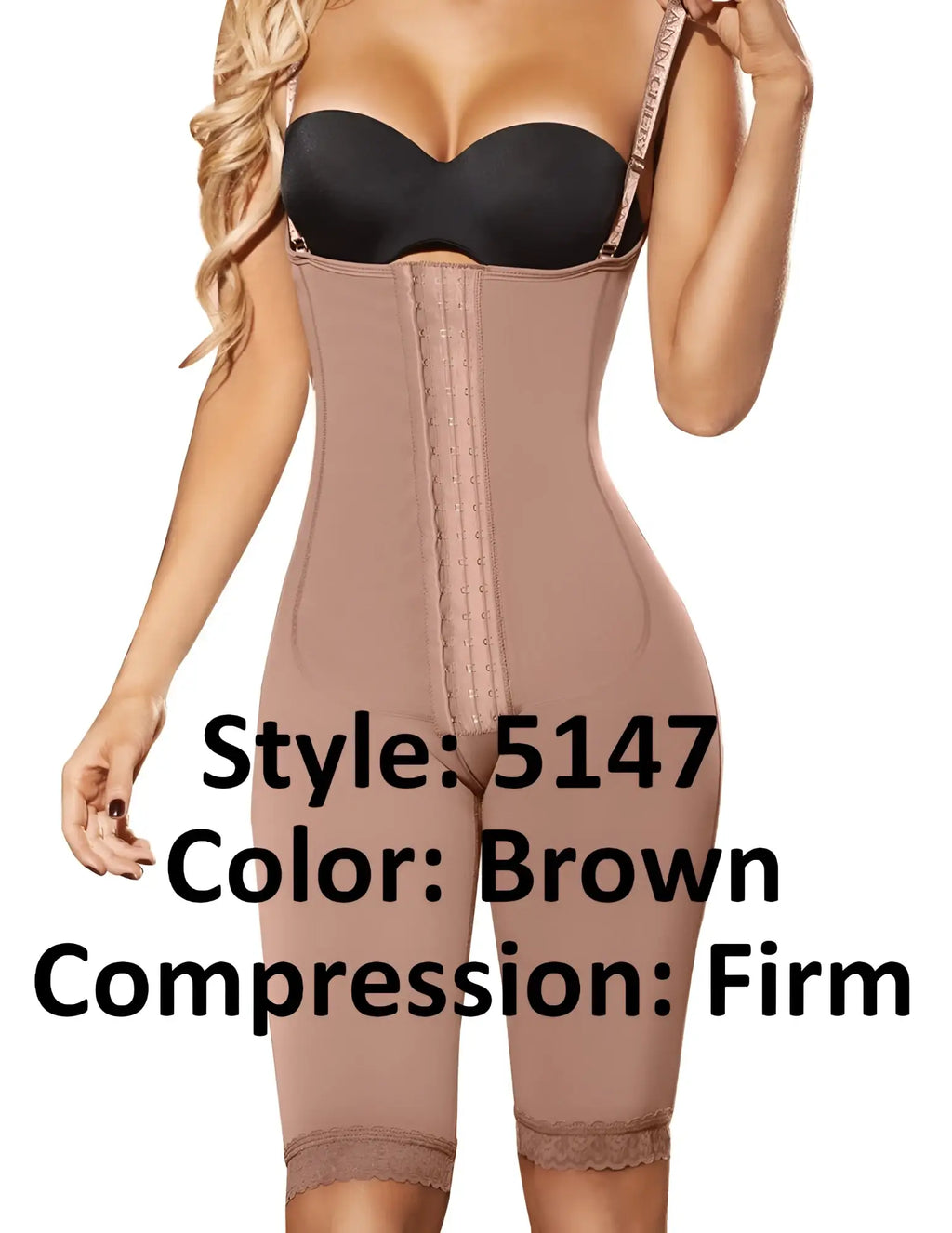 Brown firm compression bodysuit with lace trim and adjustable straps made of powernet shapewear by ann chery