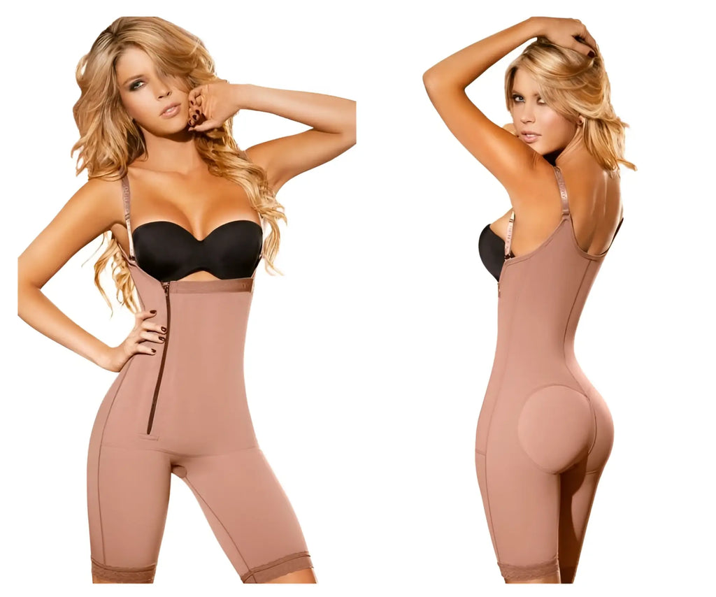 Beige ann chery 5148 powernet angelina shapewear bodysuit with black bra top and front zipper in brown color