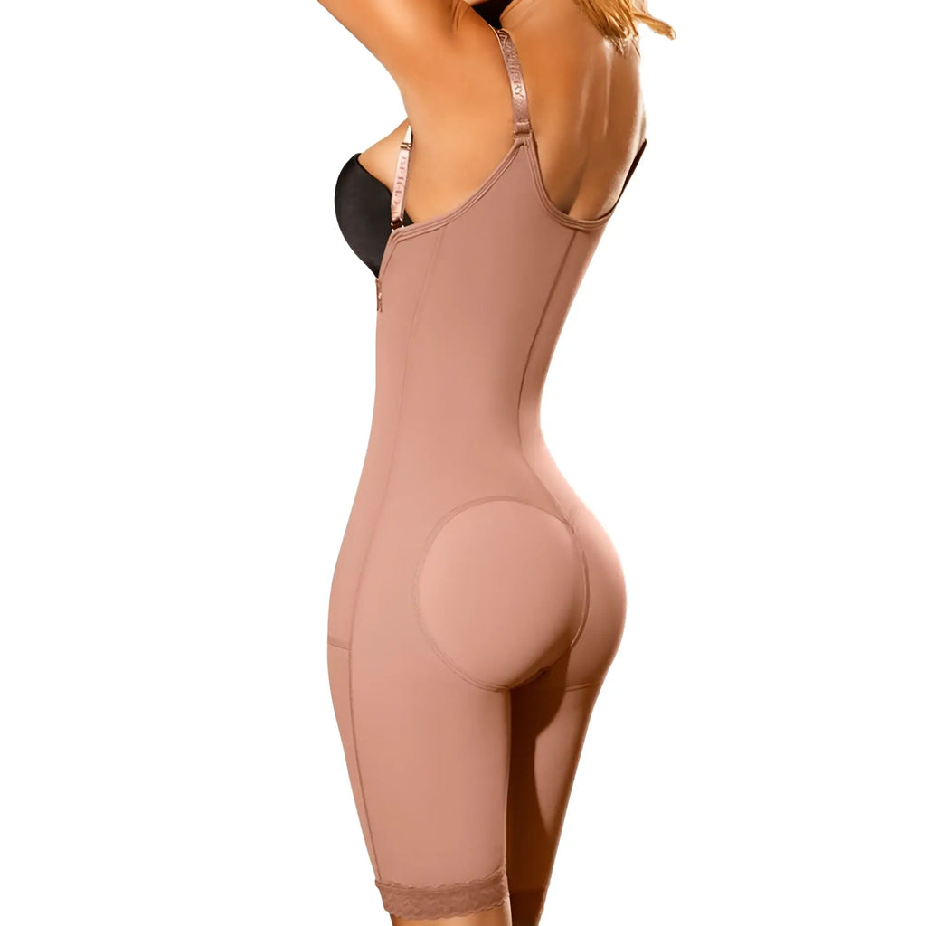 Beige ann chery 5148 powernet angelina shapewear bodysuit with padded back and lace trim at hem showing back side