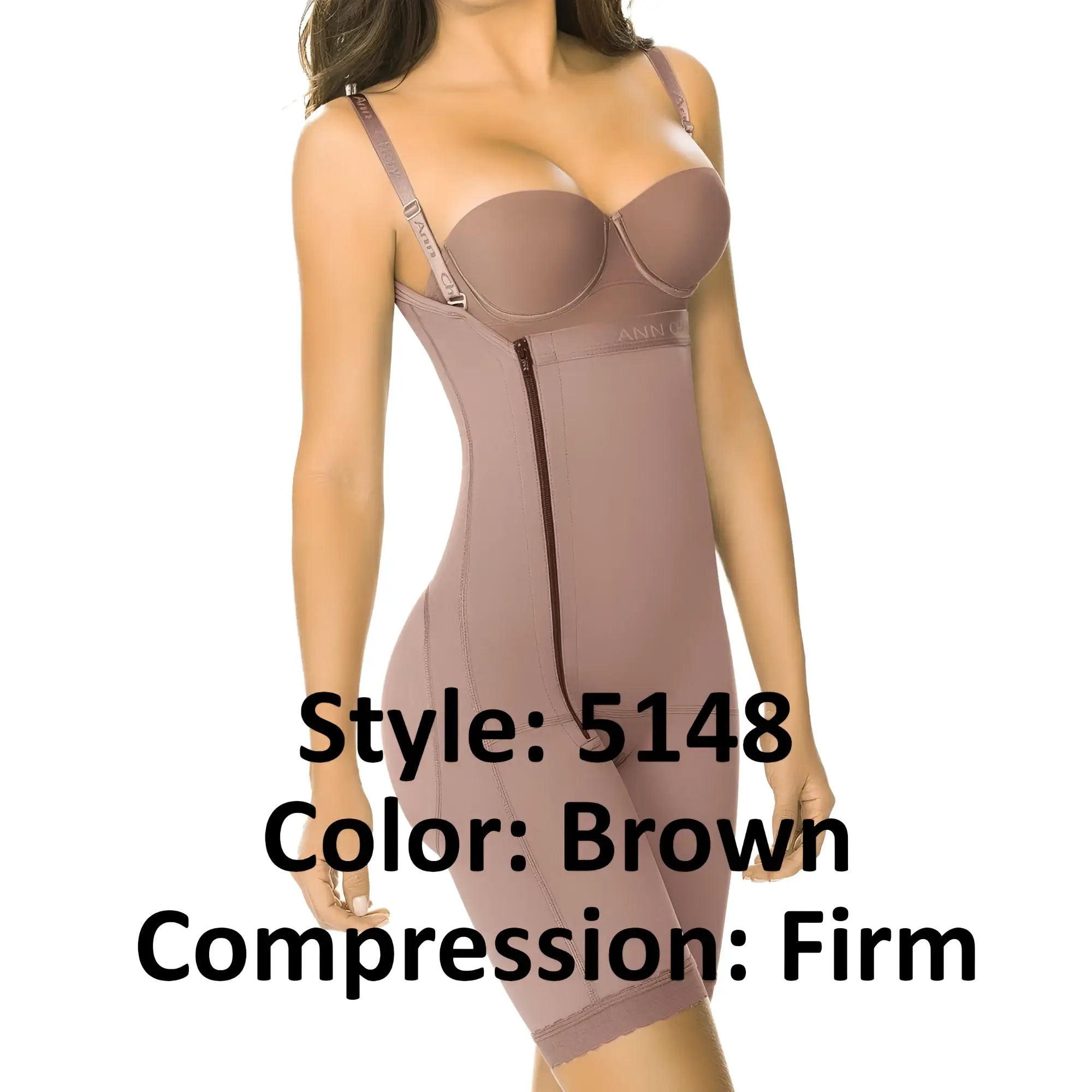 Ann chery 5148 powernet angelina brown compression body shaper with adjustable straps and front zipper closure