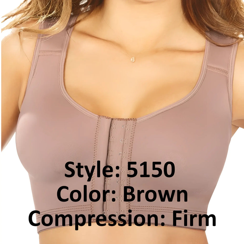 Ann chery 5150 post-surgery firm brown compression sports bra with central front closure and supportive straps