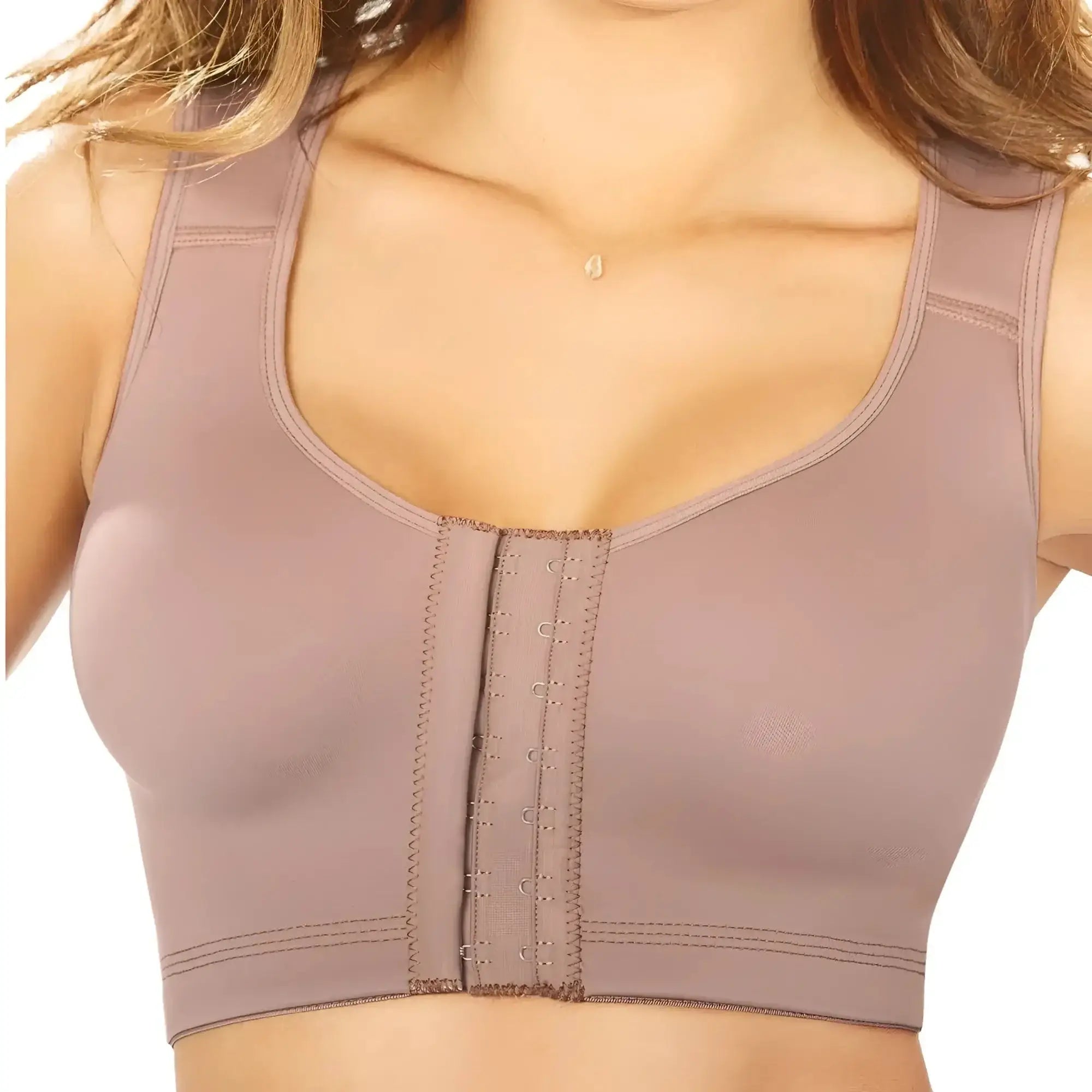 Ann Chery 5150 post-surgery brassiere in brown with a mauve lace-up front and subtle textured fabric design