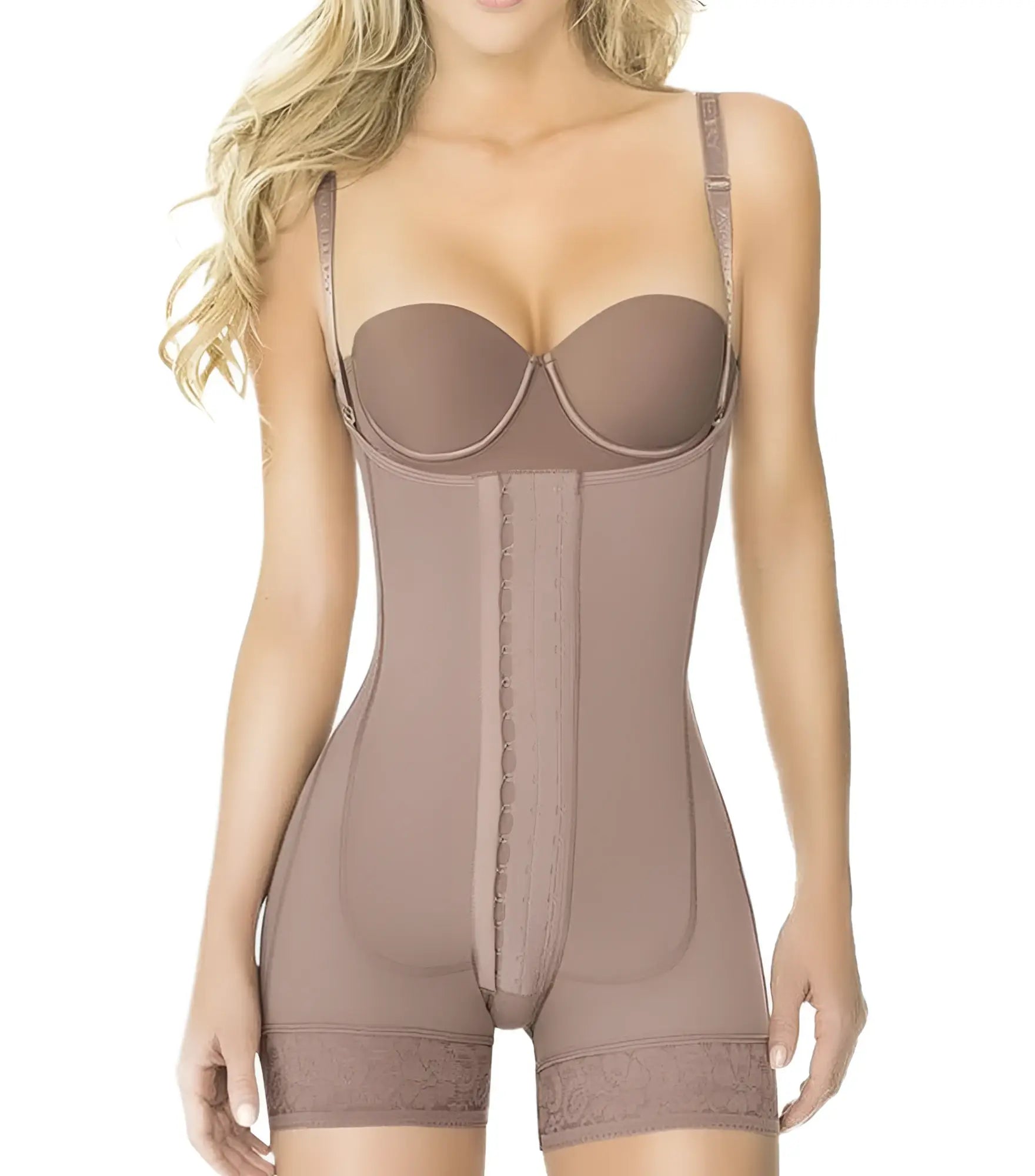 Ann Chery 5166 powernet Melissa shapewear brown taupe body shaper with lace trim and adjustable straps front view