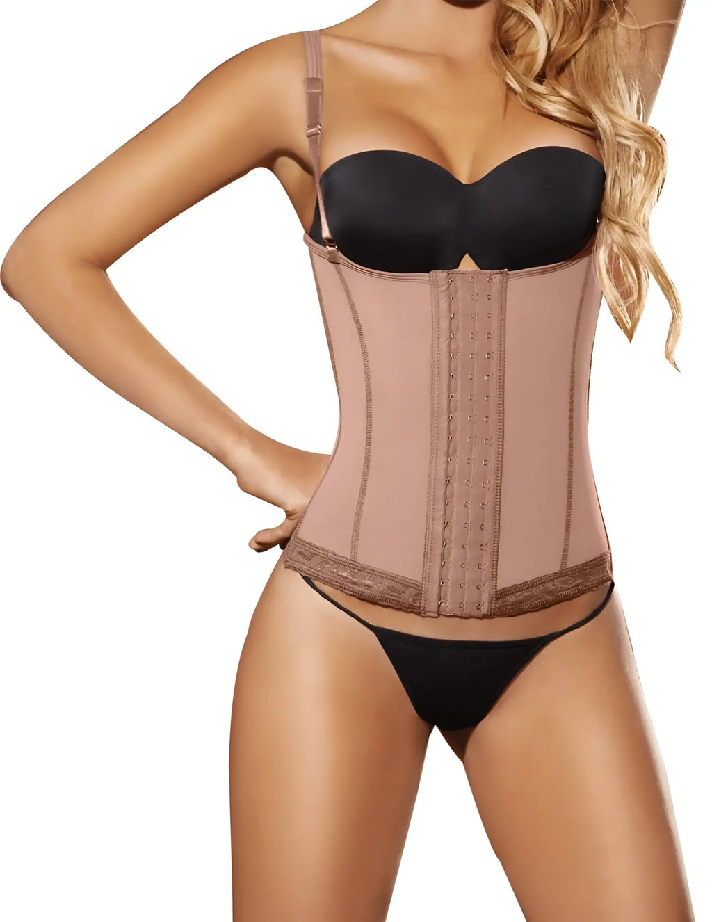 Beige Ann Chery 5173 powernet marilyn shapewear corset with lace trim and adjustable straps in brown color