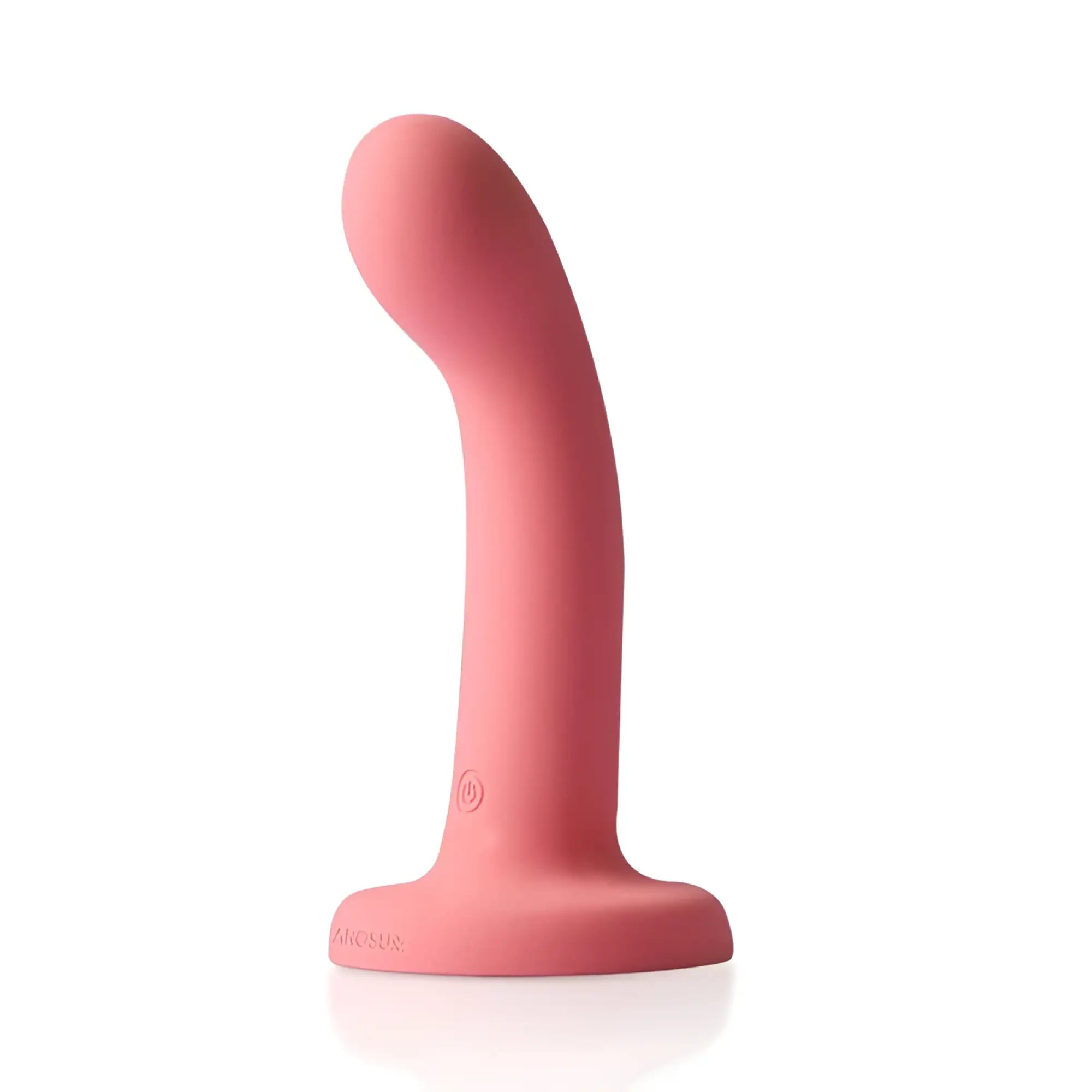 Pink silicone arosum flexdong vibrating strap-on dildo with smooth curved design and rounded head for anal stimulation