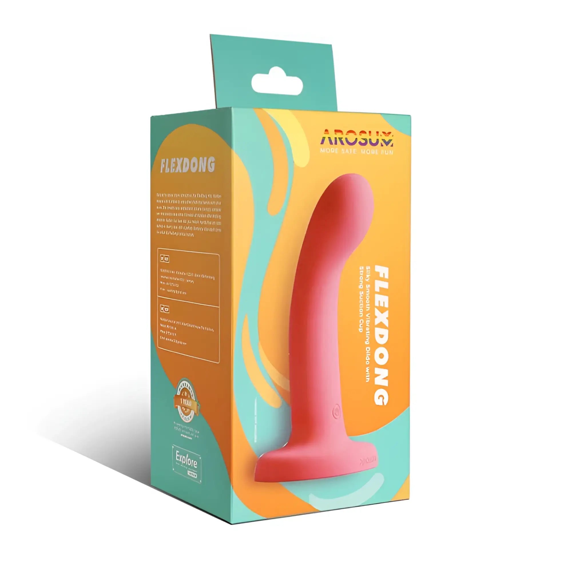Arosum flexdong vibrating strap-on dildo in pink silicone featuring a flexible curved ergonomic design