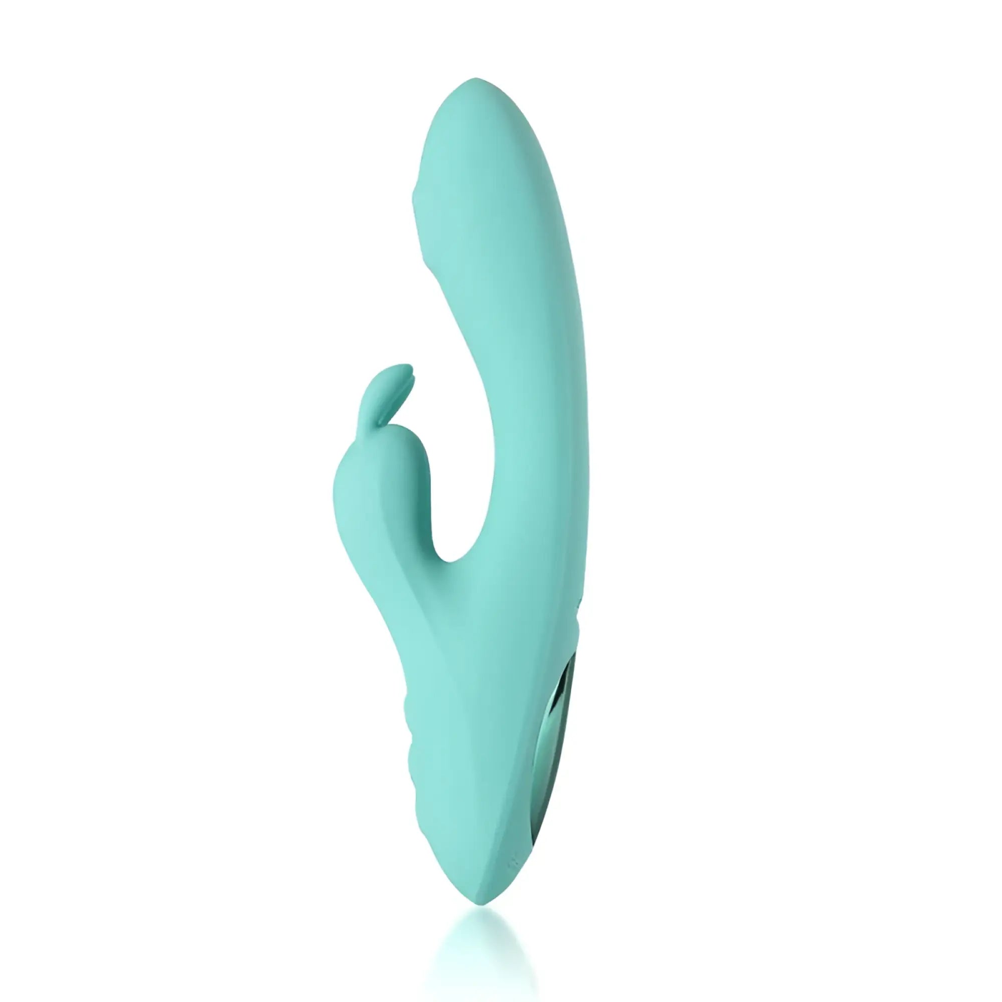 A sleek matte teal silicone arosum g-rabbit rotating g-spot and clitoral vibrator with a curved design and small protrusion