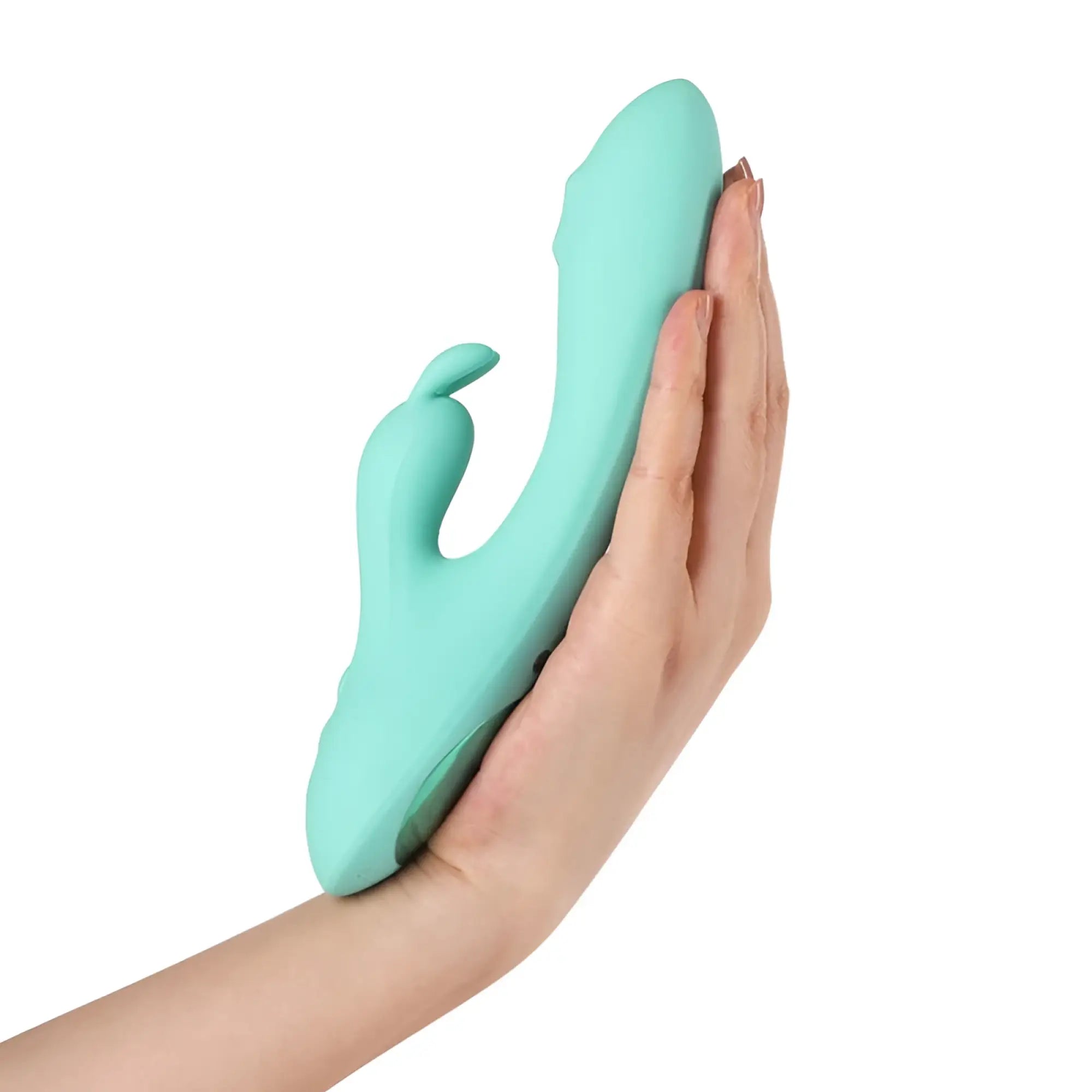 Arosum G-Rabbit rotating G-spot and clitoral vibrator in smooth matte teal silicone with rabbit shape and rounded head