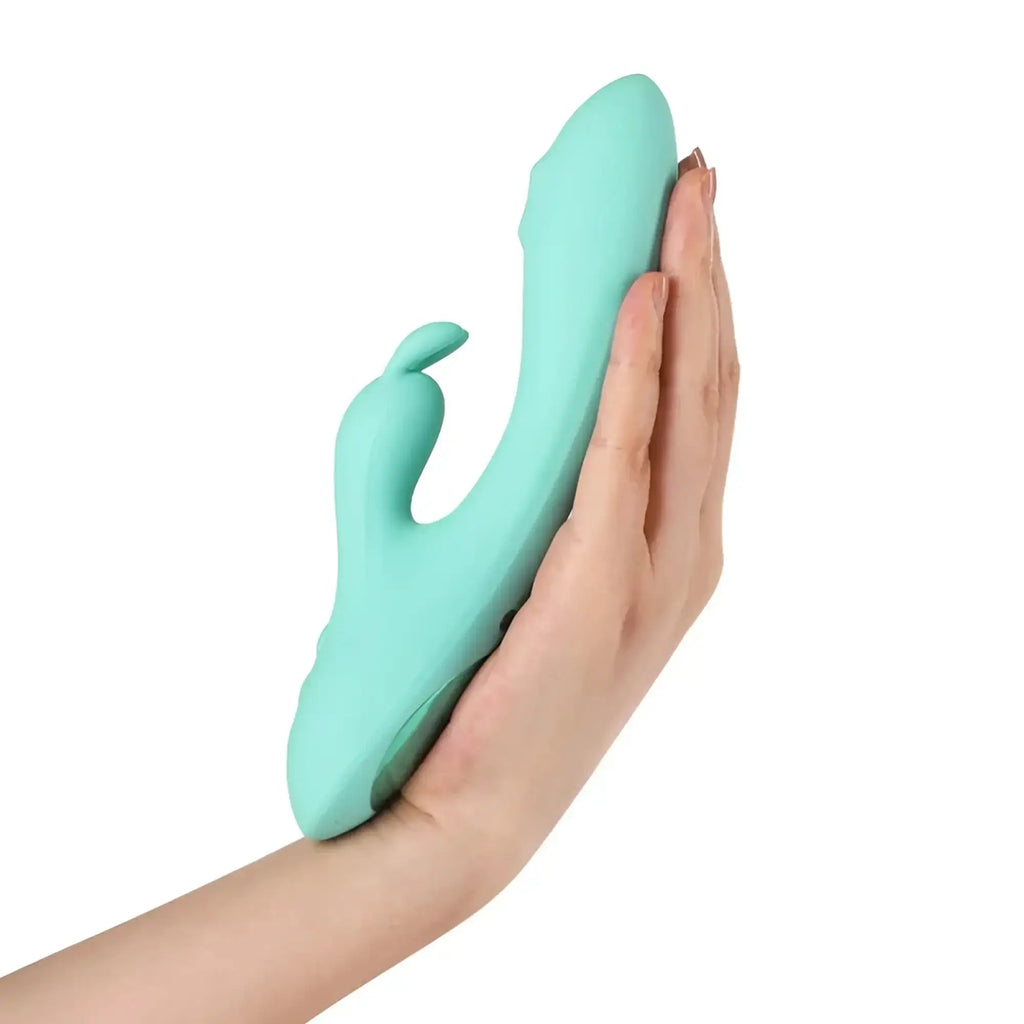 Arosum G-Rabbit rotating G-spot and clitoral vibrator in smooth matte teal silicone with rabbit shape and rounded head
