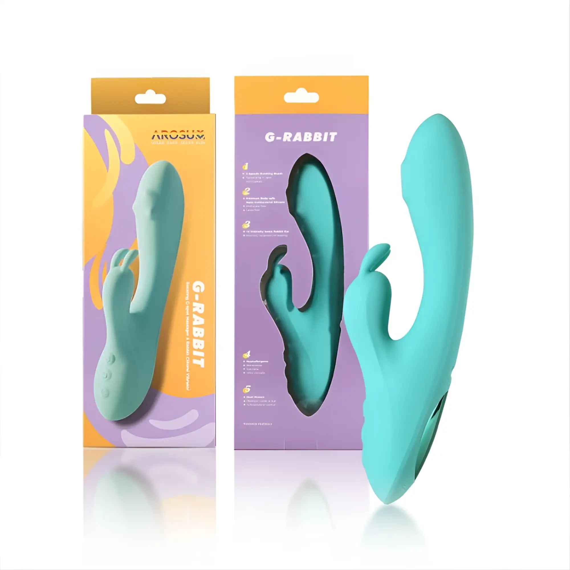 Teal silicone arosum g-rabbit rotating g-spot and clitoral vibrator in branded packaging for dual stimulation