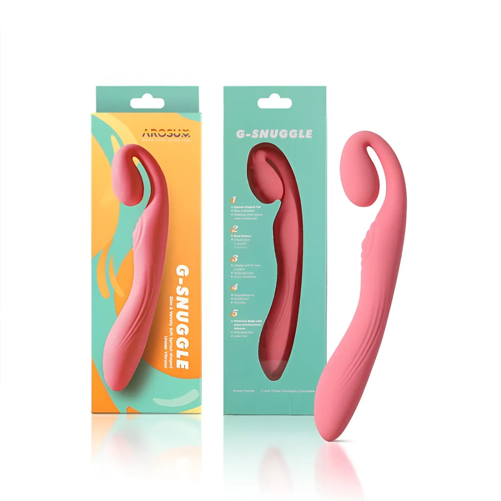Pink silicone g-snuggle toy by arosum featuring ultrasoft sprout-shaped unisex vibrator design