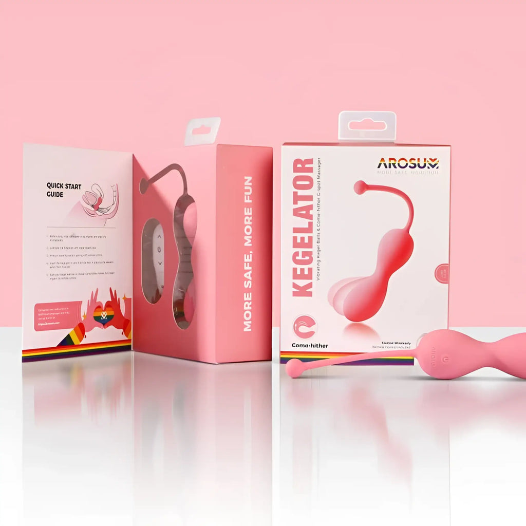 Pink silicone arosum kegelator duo vaginal balls come hither stimulator with curved handle and rounded base with remote