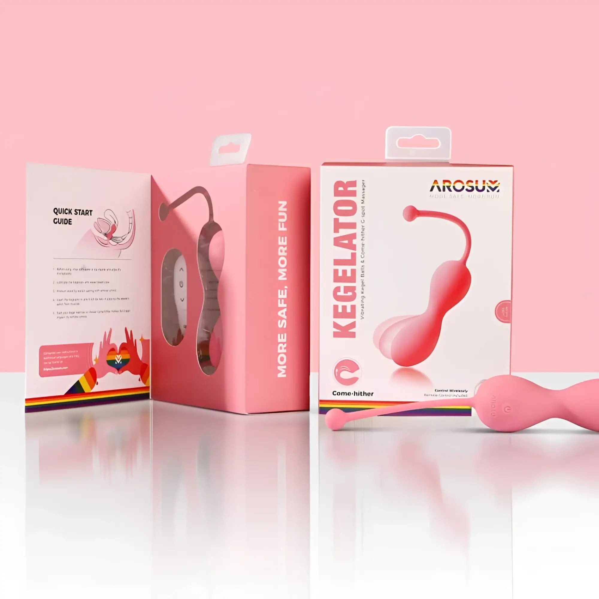 Pink silicone arosum kegelator duo vaginal balls come hither stimulator with curved handle and rounded base with remote