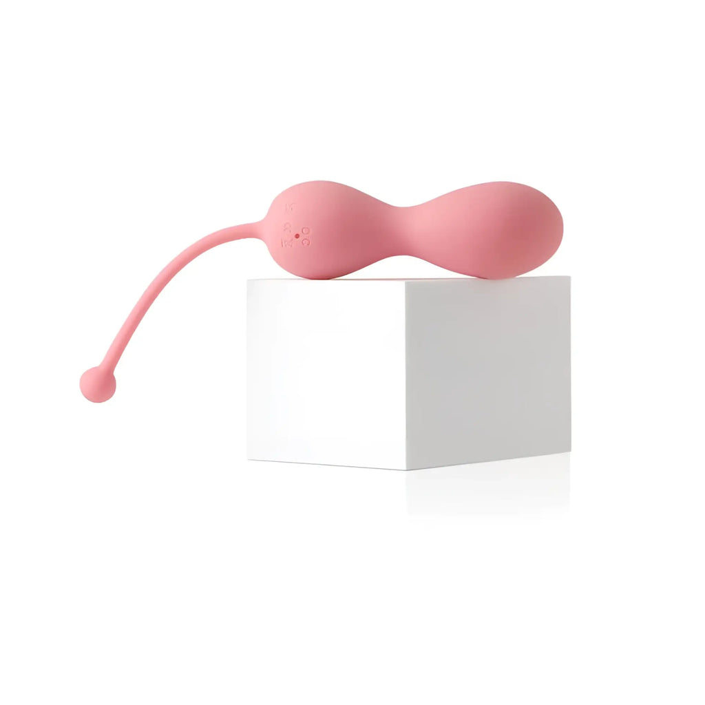 Pink silicone egg-shaped arosum kegelator duo vaginal balls come hither stimulator with slender curved stem and rounded tip