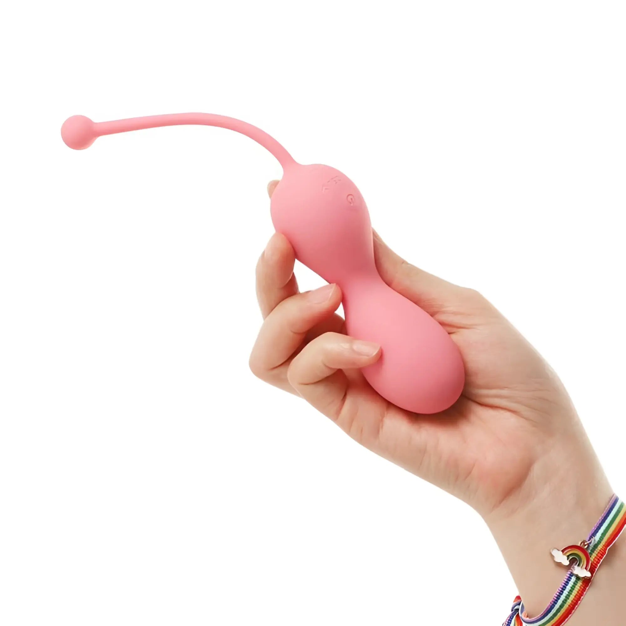 Pink silicone vaginal weight with curved stem and rounded tip from arosum kegelator duo vaginal balls stimulator with remote