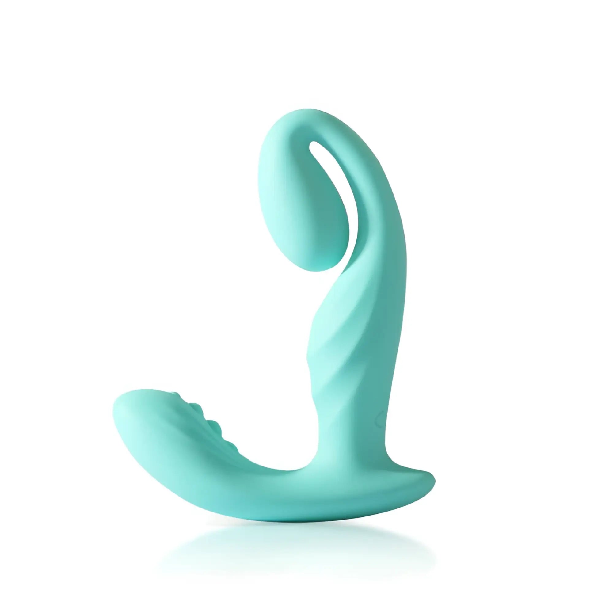 A matte teal silicone wearable sprout-shaped unisex vibrator with curved ergonomic design and ridged texture
