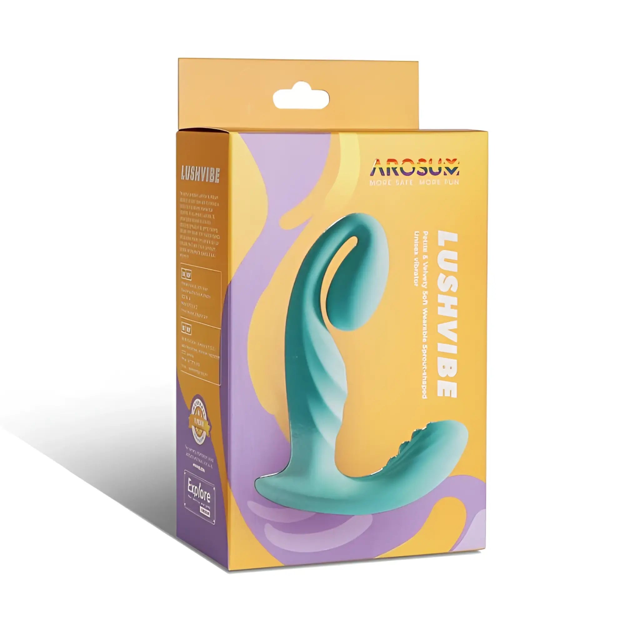 Teal colored lushvibe wearable sprout shaped unisex vibrator in vibrant orange and purple packaging box