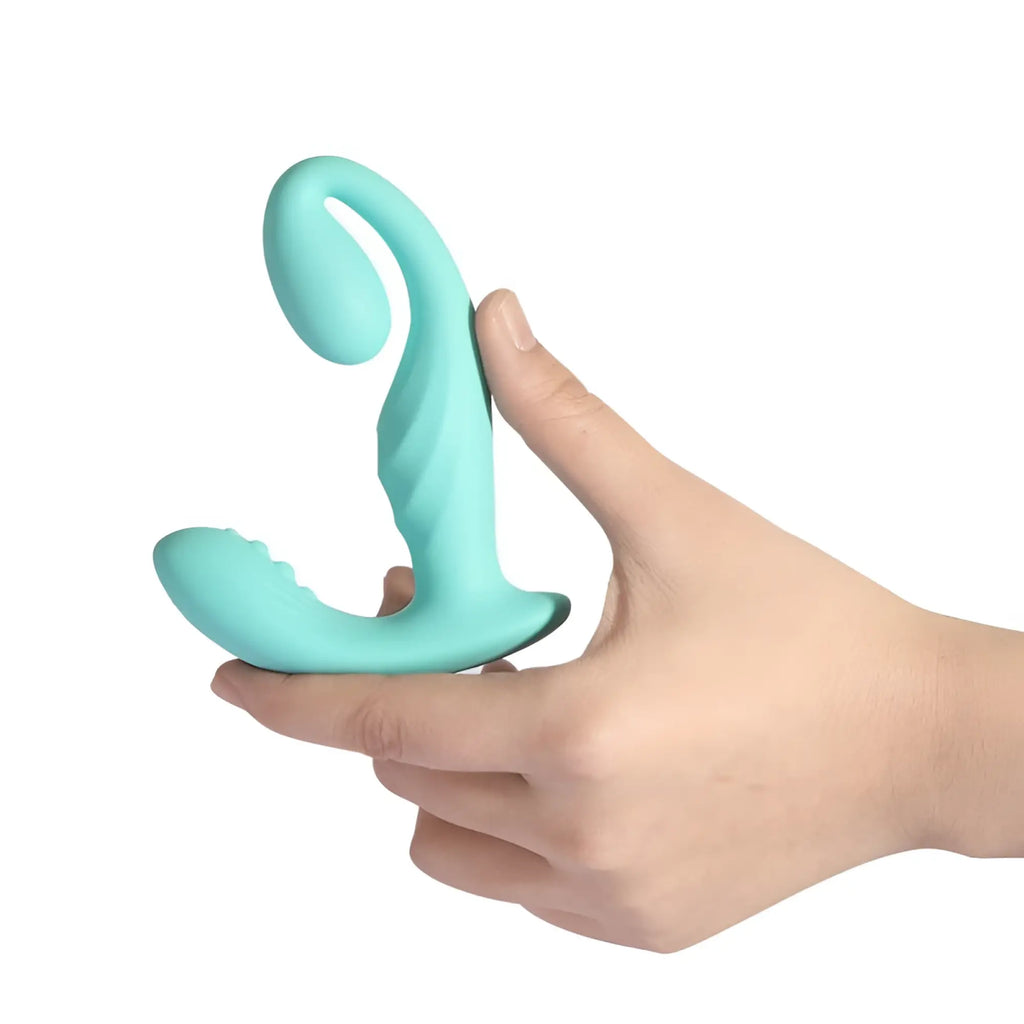 Teal silicone arosum lushvibe wearable sprout-shaped unisex vibrator with curved ergonomic design and textured grip