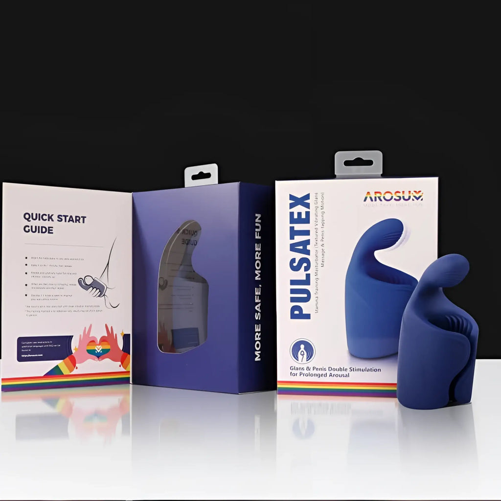 Blue silicone Arosum PulsateX rechargeable male shaft and glans stimulator for double stimulation device front view