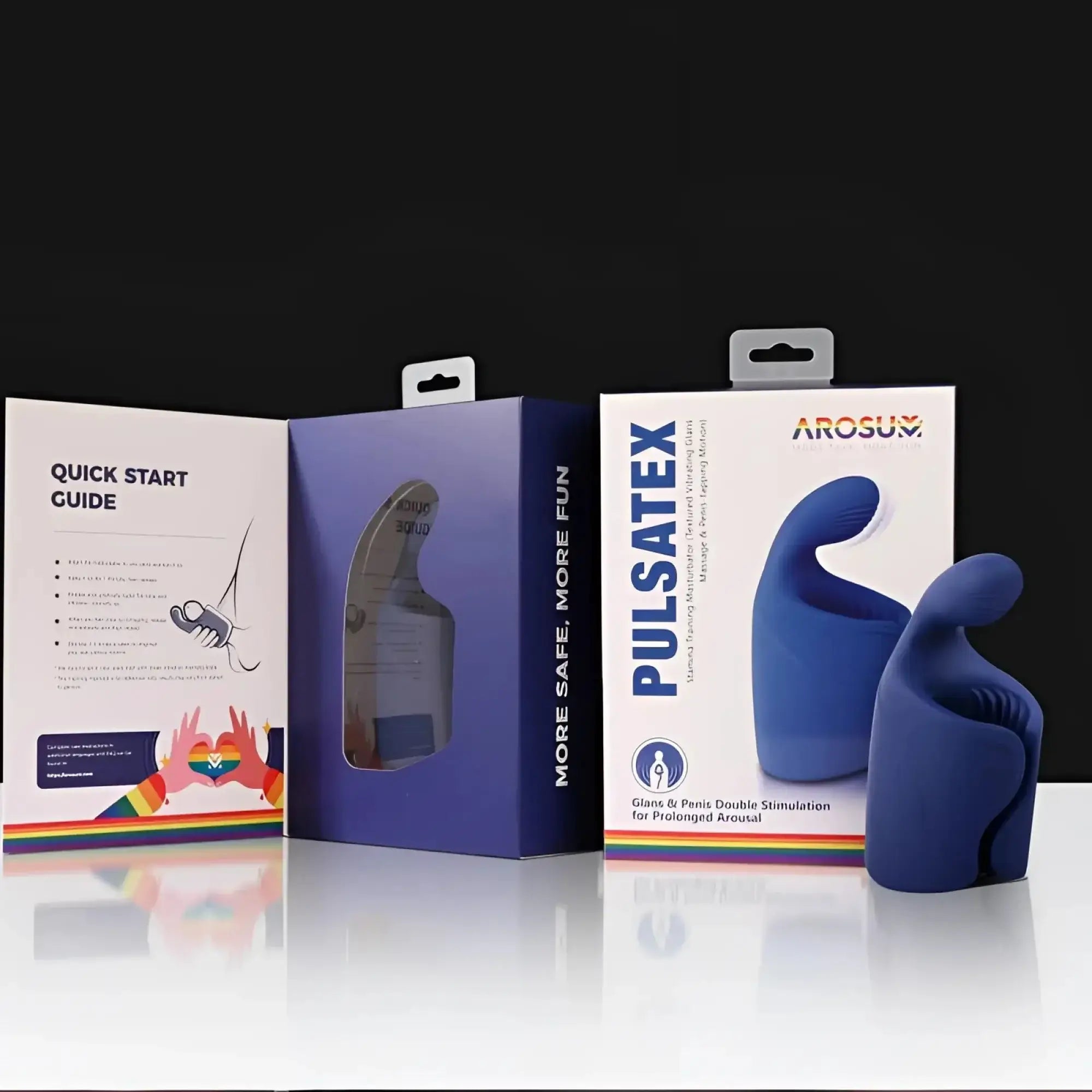 Blue silicone Arosum PulsateX rechargeable male shaft and glans stimulator for double stimulation device front view