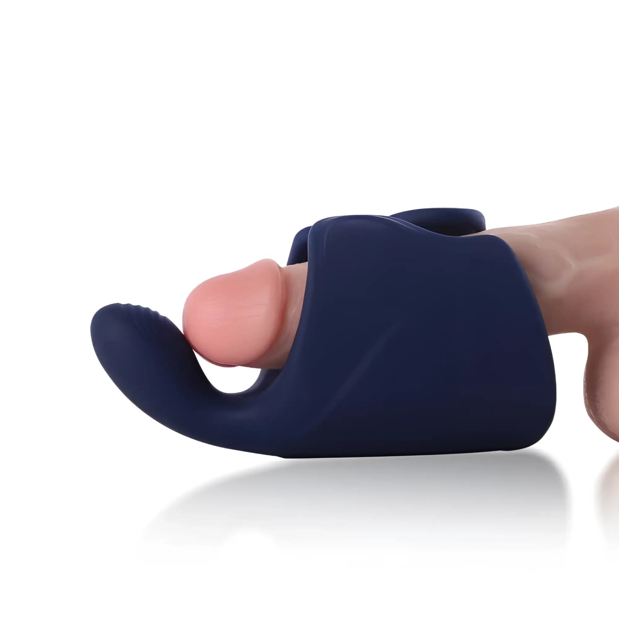 Navy blue silicone arosum pulsatex rechargeable male shaft and glans stimulator with curved ergonomic design
