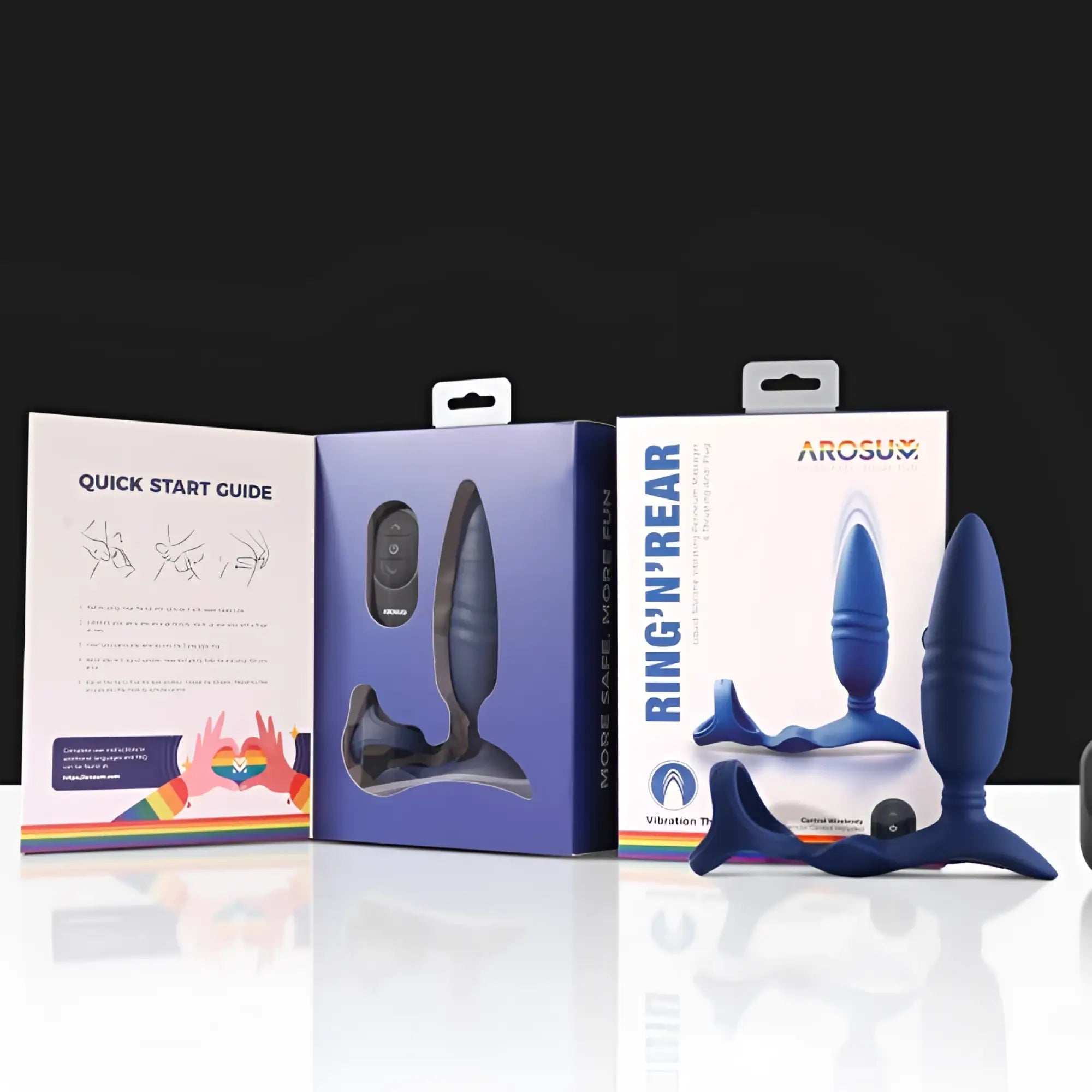 Blue arosum ring n rear dual thrusting anal probe with cockring and remote featuring textured ergonomic design and stable base