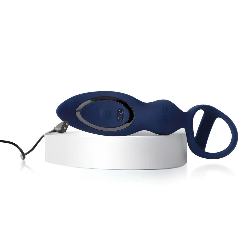 Deep blue silicone arosum ring n rear dual thrusting anal probe with cockring and circular handle ergonomic design