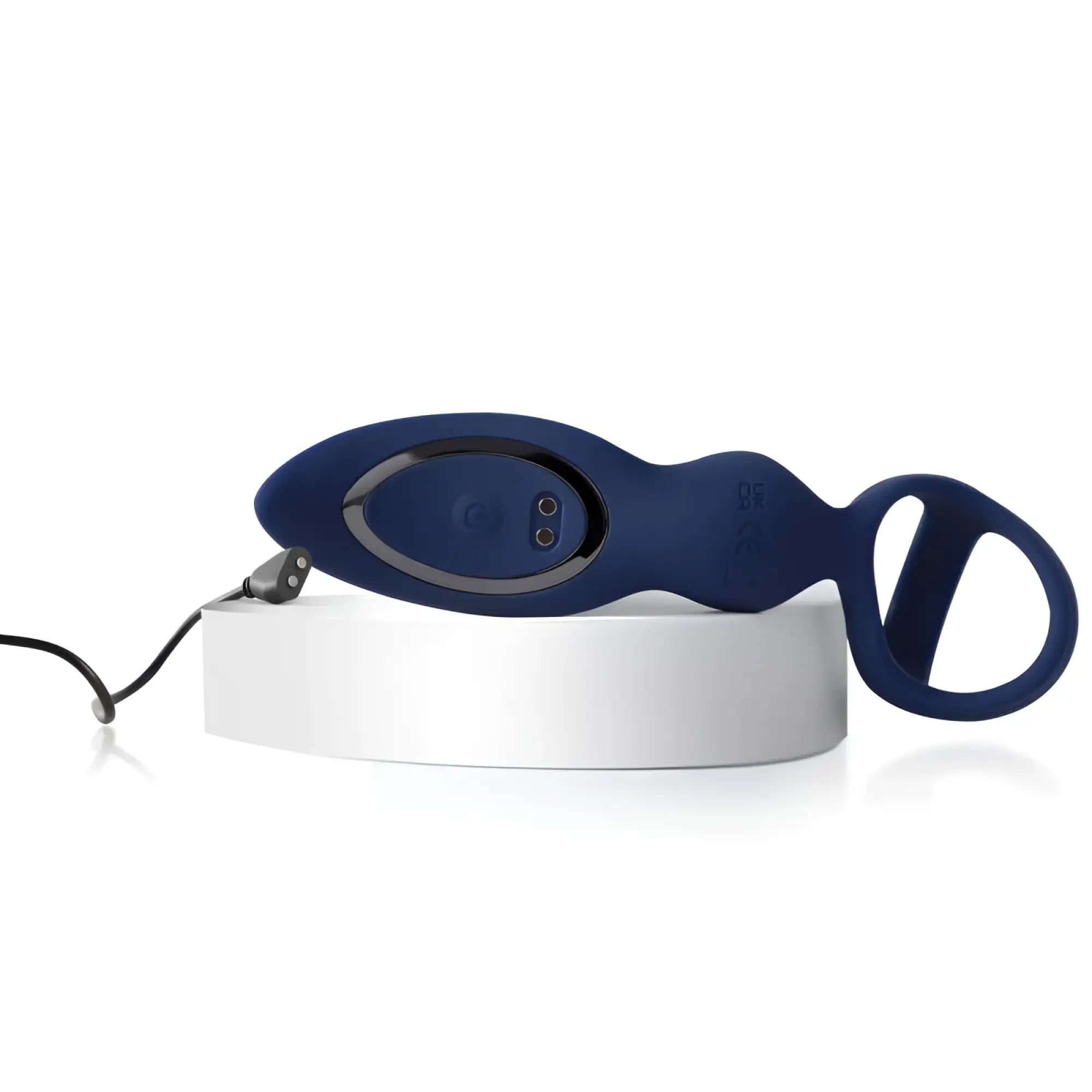 Deep blue silicone arosum ring n rear dual thrusting anal probe with cockring and circular handle ergonomic design