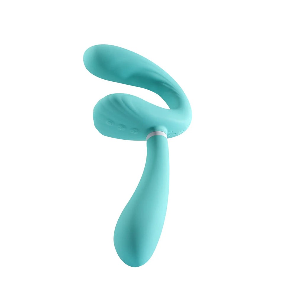 Teal silicone dual-headed arosum sapphi detachable strapless strap-on double vibrator with curved handle and rounded ends