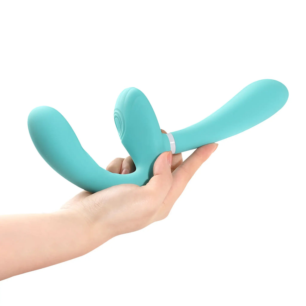 Teal silicone arosum sapphi detachable strapless strap-on double vibrator with dual curved ergonomic heads and central handle