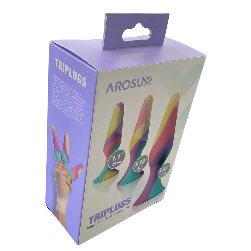 Arosun tri plugs 3 pc silicone anal training kit in vibrant rainbow colors with three beginner sizes for gradual use