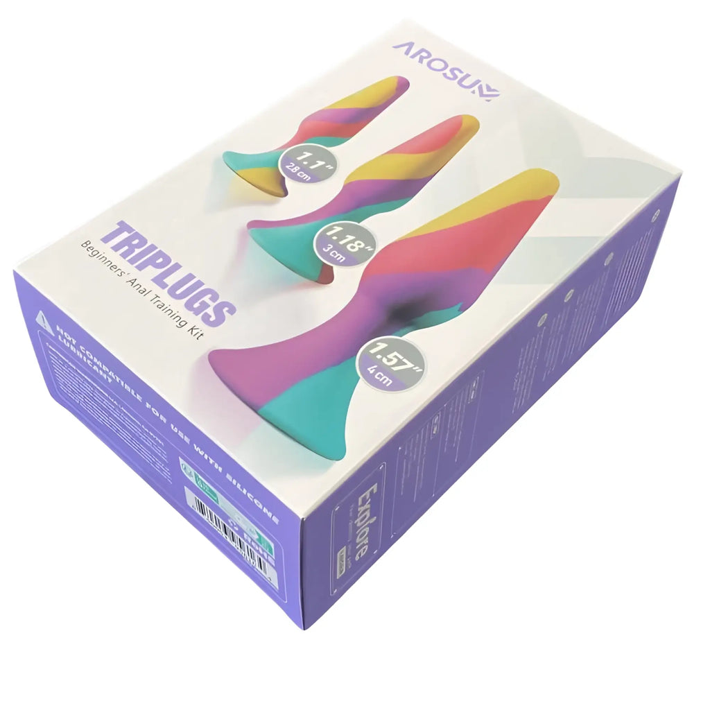 Arosun tri plugs 3 pc silicone anal training kit in vibrant rainbow with three different sizes for gradual use
