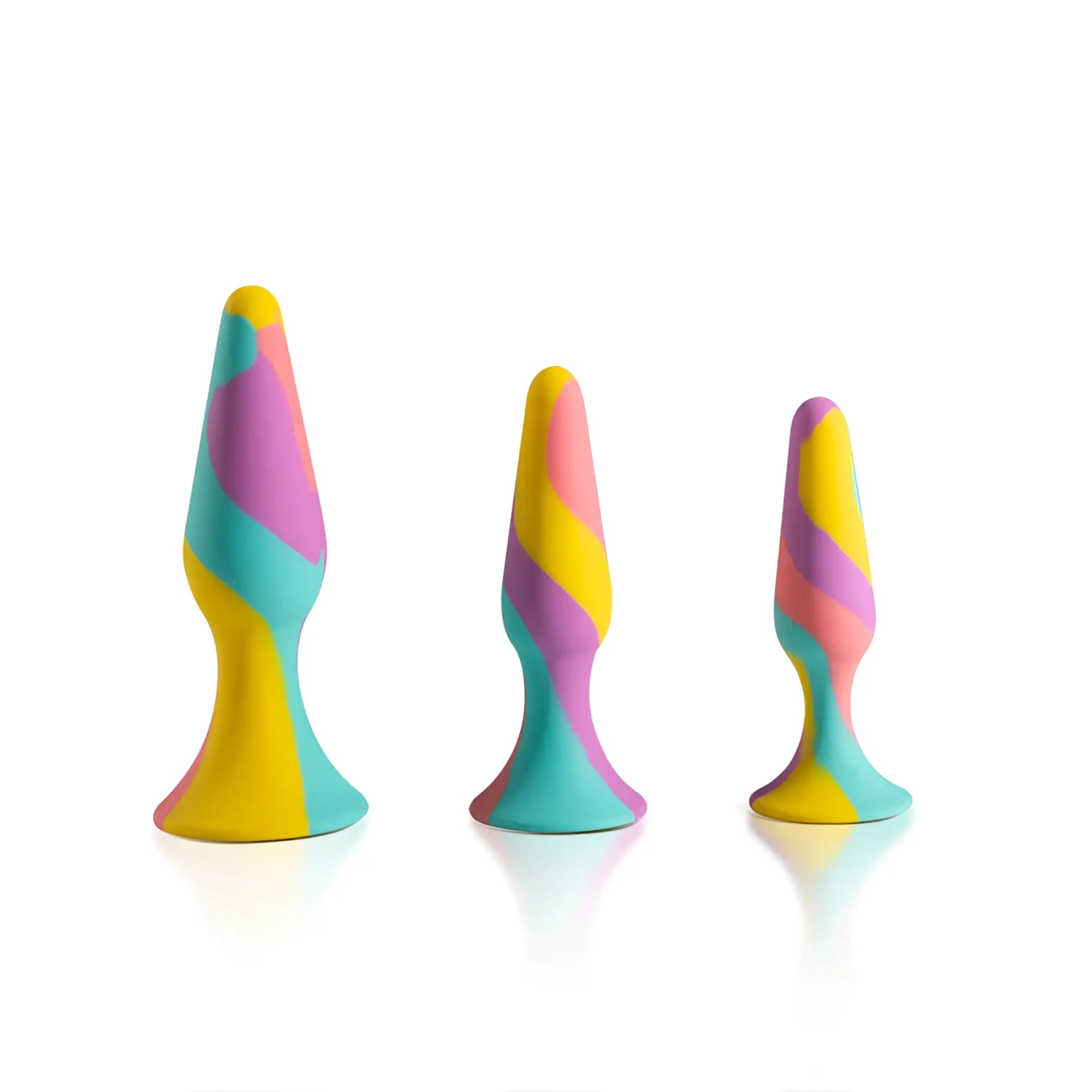 Set of three colorful silicone anal training butt plugs with swirling pastel patterns in yellow pink and teal by Arosum
