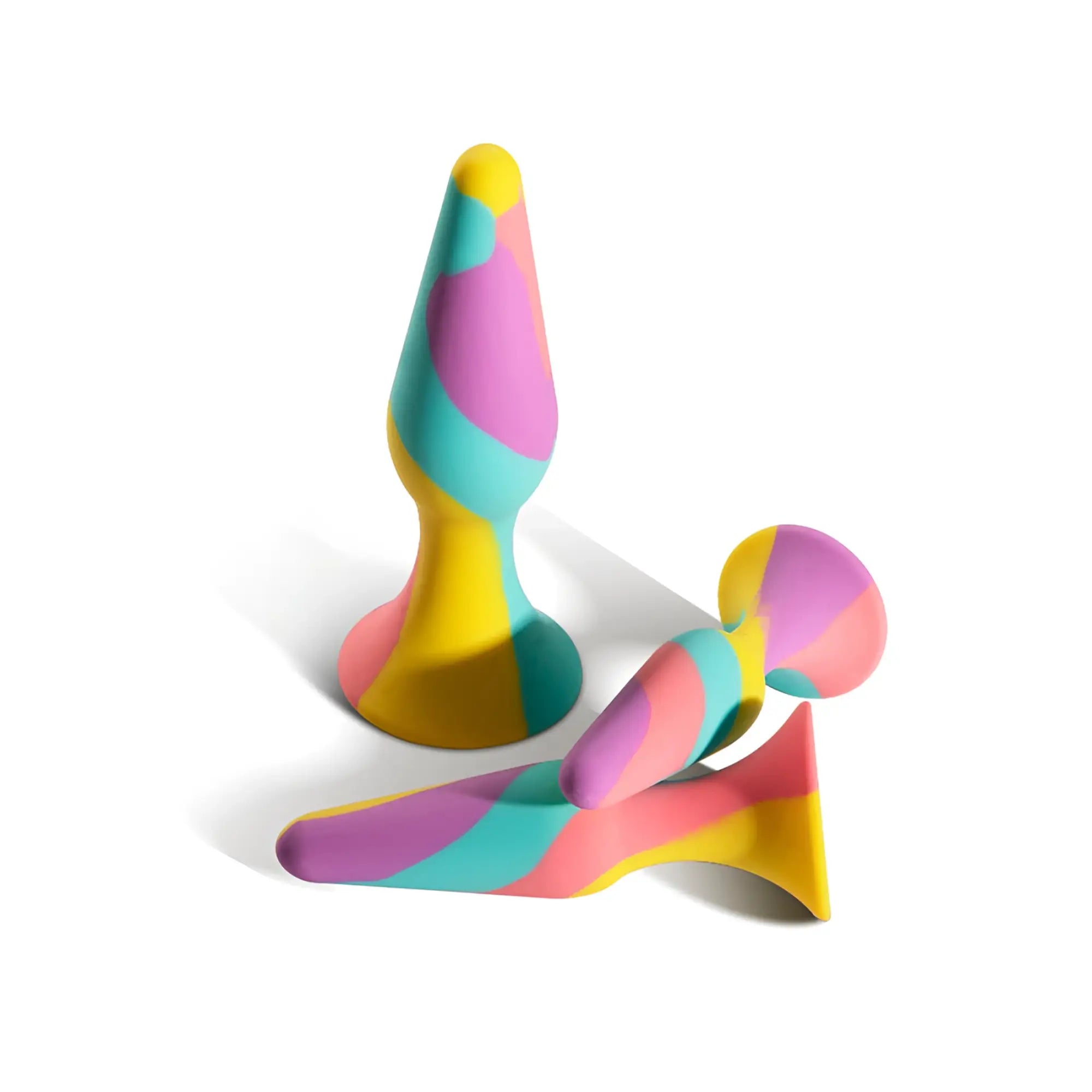 Arosum tripulgs 3 pc silicone anal training kit featuring vibrant rainbow-colored butt plugs with playful swirl patterns