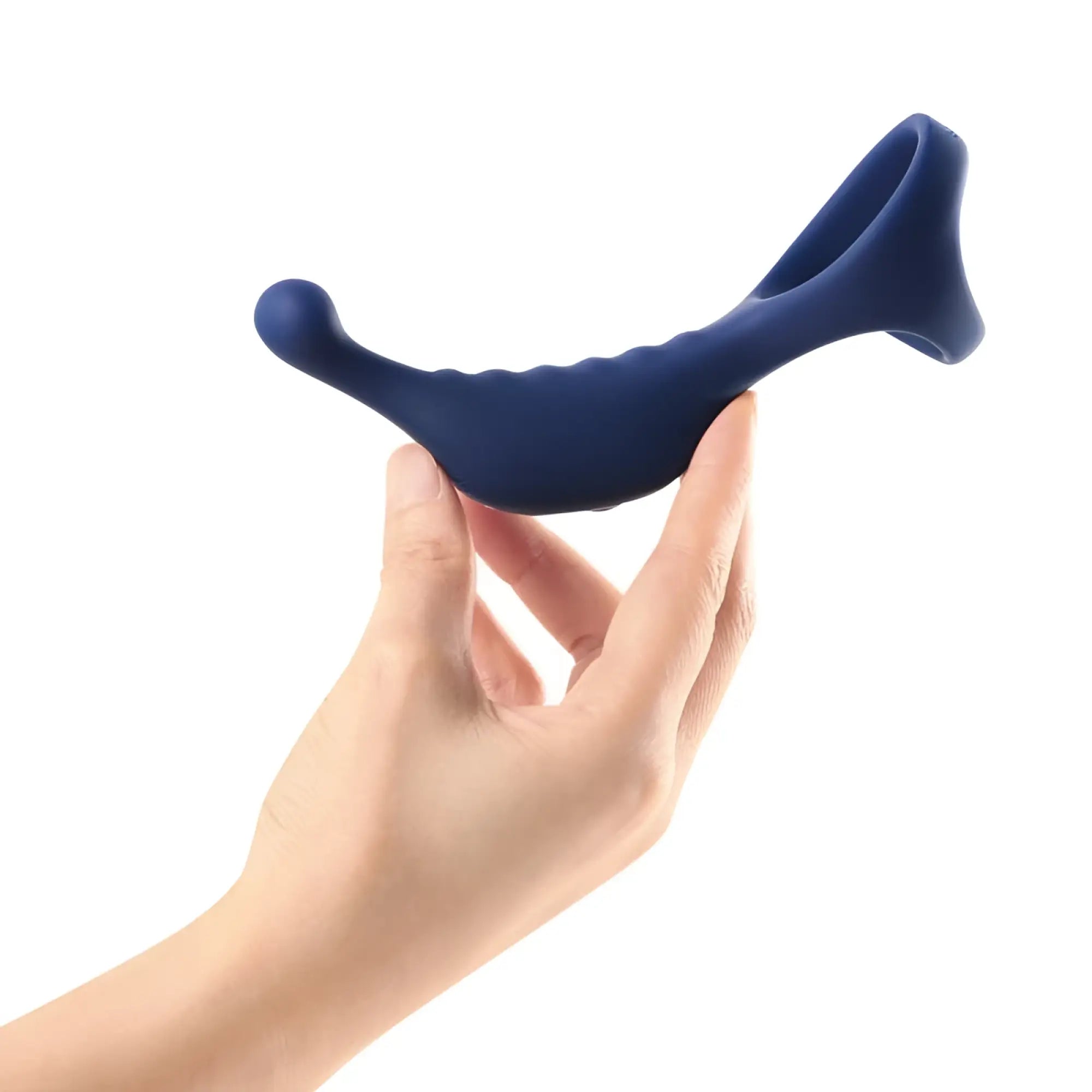 Navy blue silicone vibrating anal probe with cockring and textured grip from arosum underquaker with remote