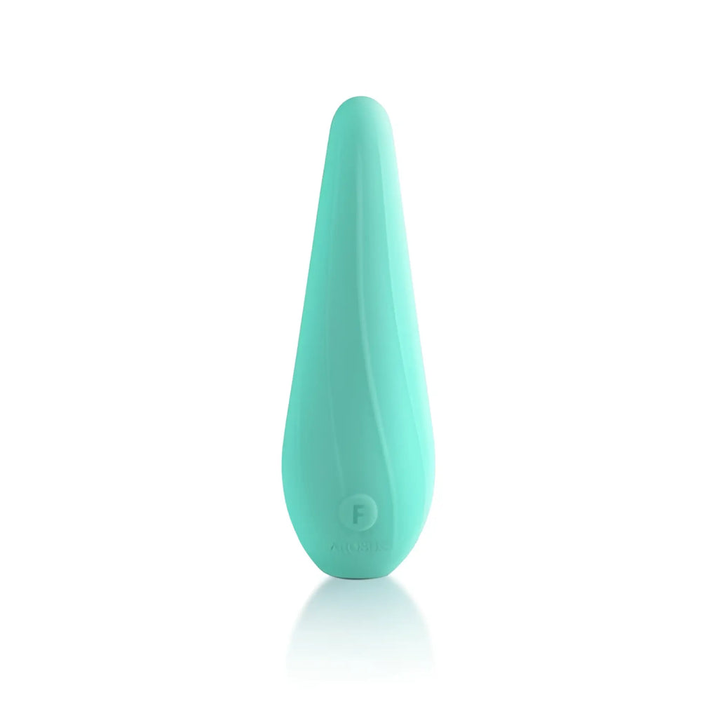 Arosum VibeSwirl Drip shape rechargeable vibrator in sleek matte teal silicone with smooth teardrop shape and textured ridges