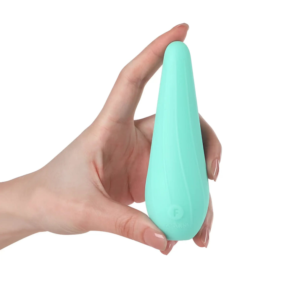 Arosum VibeSwirl drip shape rechargeable vibrator in sleek mint green silicone with smooth teardrop design and subtle texture