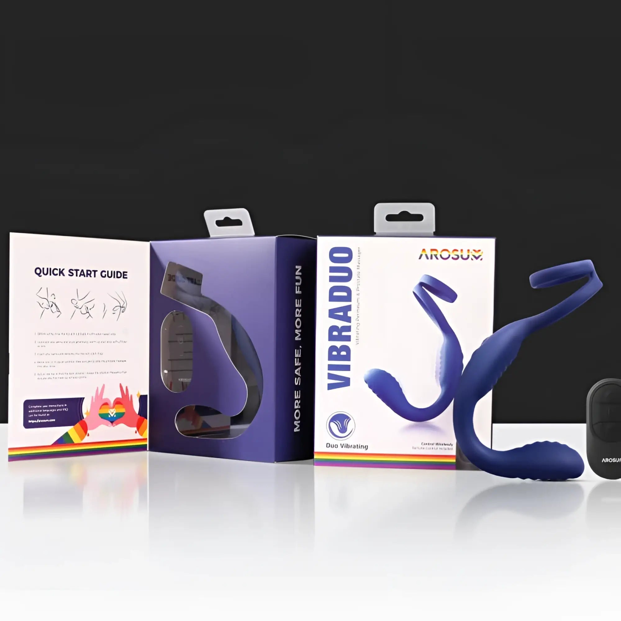 Blue silicone arosum vibraDuo vibrating anal probe and perineum stim with remote control and cockring shown from front