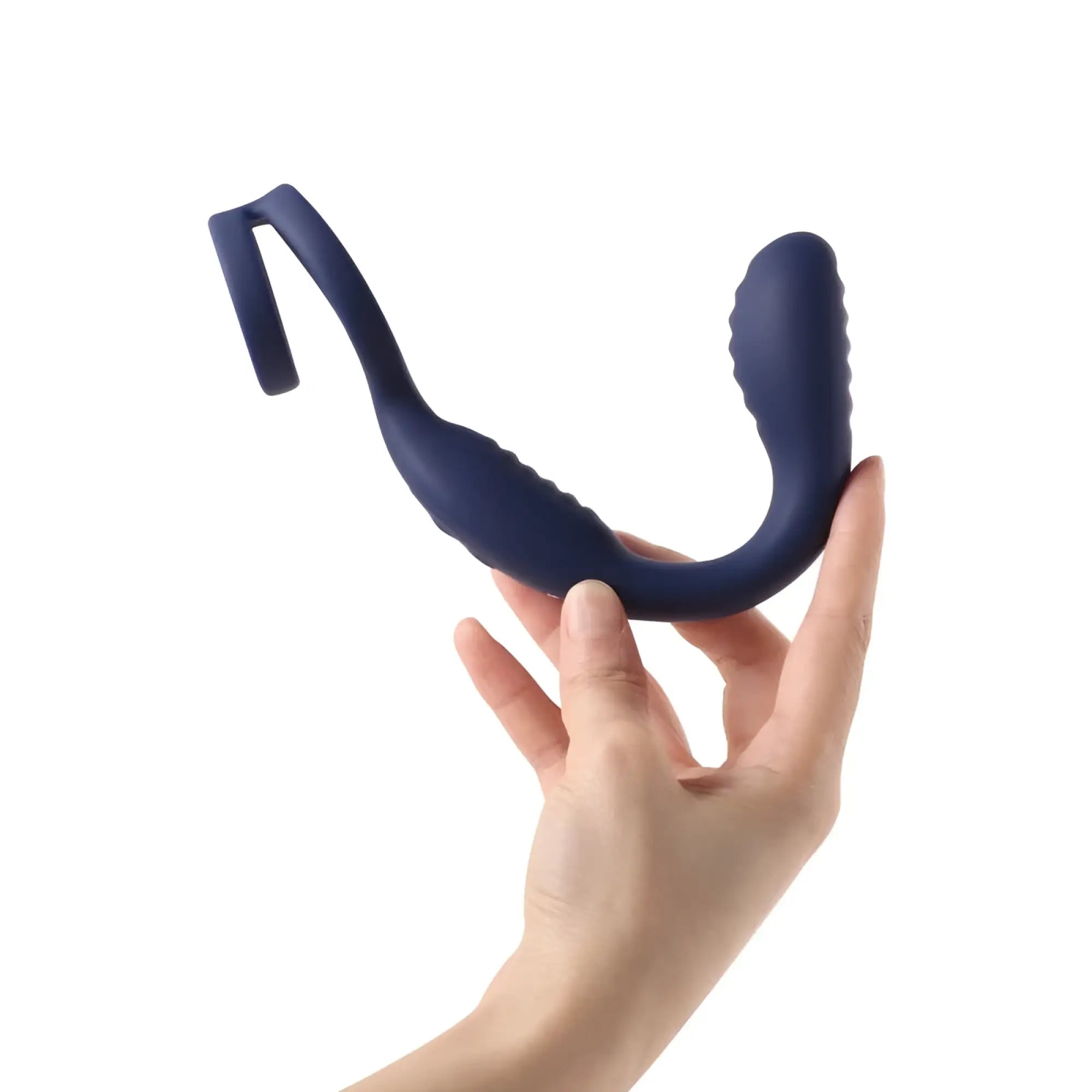 Dark blue silicone arosum vibraduo vibrating anal probe and perineum stim with cockring showing textured grip